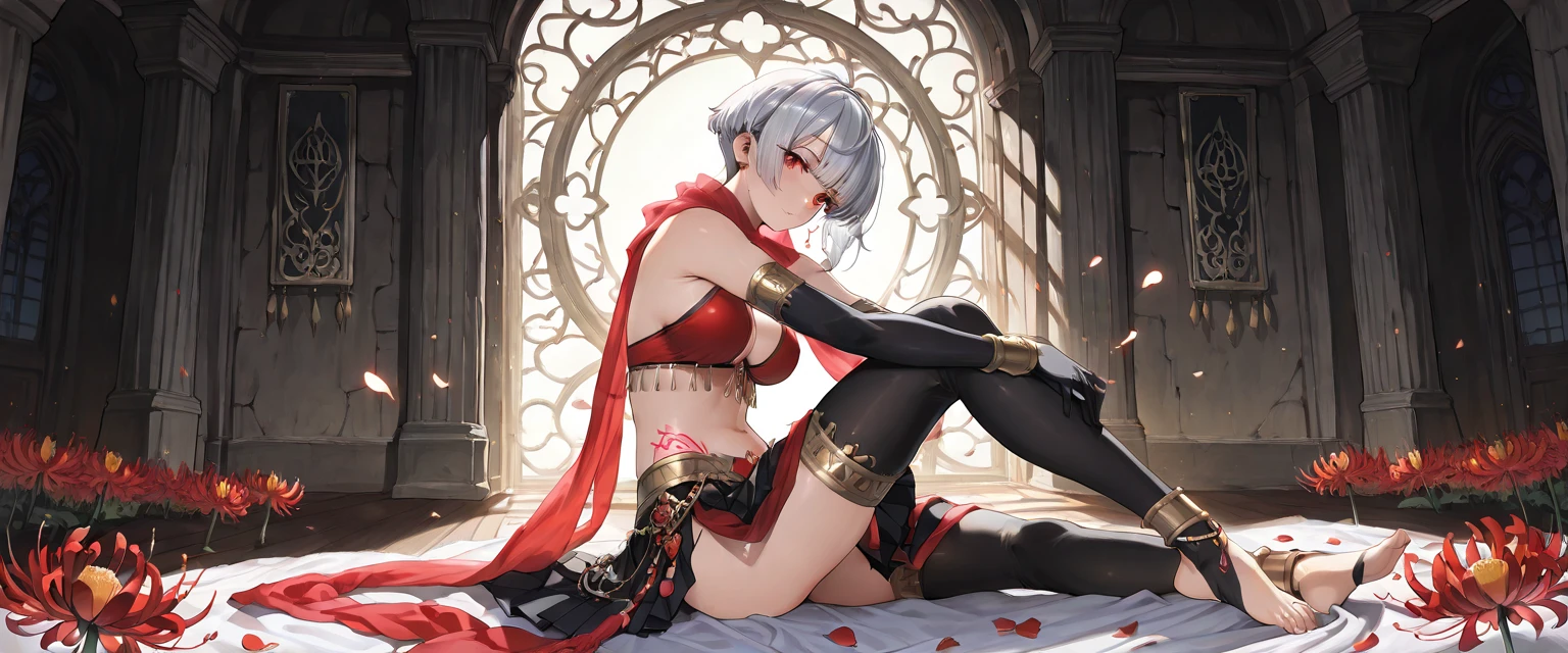 masterpiece, super detailed, 8K portrait, RAW photo, portrait photography, highly detailed face, ((fantasy)), 1 female, (((((nervous look))))), (((spread legs and sitting on the chair))), 19 years old, (((((Exhibitionist Woman))))), (((Black little eyes))), (((black straight hair))), (((Eyes are hidden by bangs))), Larger earrings, (((white skin color))), (((((Obscene uterus pattern tattoo on abdomen))))), (((((Cloudy dark red puffy sleeve bikini))))), (((cameltoe))), (((silk cloak))), (((little waist hip pouch))), (((see-through tights))), (((leather boots))))), (((Equip a long iron sword))), midday sun, surreal, ((((flat chest)))), (((((small breasts))))), (((thick thighs))), long legs, In the medieval adventurer’s guild, environmental lighting, shadow details, Focus the camera on the thigh, strong wind, light fog, (((pee stain)))