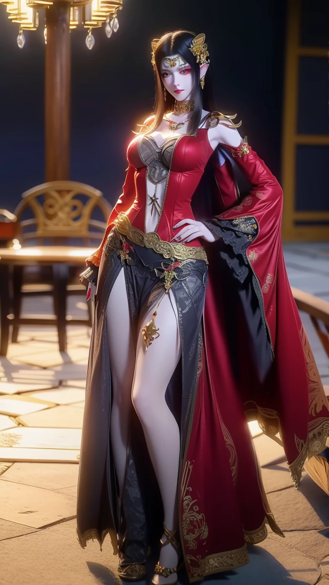 Female character in red mage robes, Multiple poses, Detailed front and back, Long crystal staff