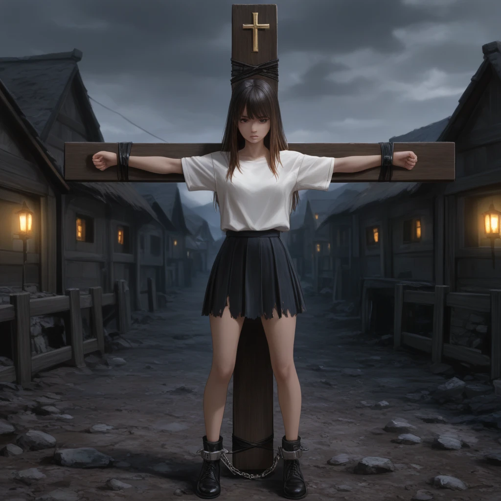 (((Full body shot of a beautiful woman、Low - Angle)))、(((Carrying the Cross)))、(((In front of the public、Public place)))、(((Crucified on a cross))),(((Full nudity)))、(((Tied to a big cross))),((( Body hanging from a giant cross))),(((Delicate face、20-year-old K-Pop girl)))、{{Angle Bob}}、Attractive curves、In the pelvis、Glowing Skin、Dynamic Pose、(vulva:1.275)、(In 8K、Live Shooting、Highest quality、masterpiece:1.47), (Raising both arms high), Constraints, (Arms and legs are chained), (鎖でConstraintsされた体), (I can't move), Unable to move freely, (Being tied up), (Sexy pose), sexual excitement, sexual expression,Excited to be seen, Stare, Embarrassing, Sexy expression,Sweating a lot,