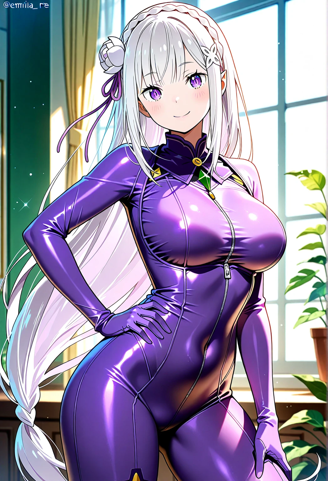 high_aesthetic,art by Lazorchef, ((Masterpiece, best quality, perfect lighting, amazing shading)), perfect anatomy, field of depth, extremely beautiful, long silver hair, hair ribbons, purple eyes, turtleneck sweater, tights, cute smile, (curvy), blushing, (cowboy shot), (elegant pose), simple background