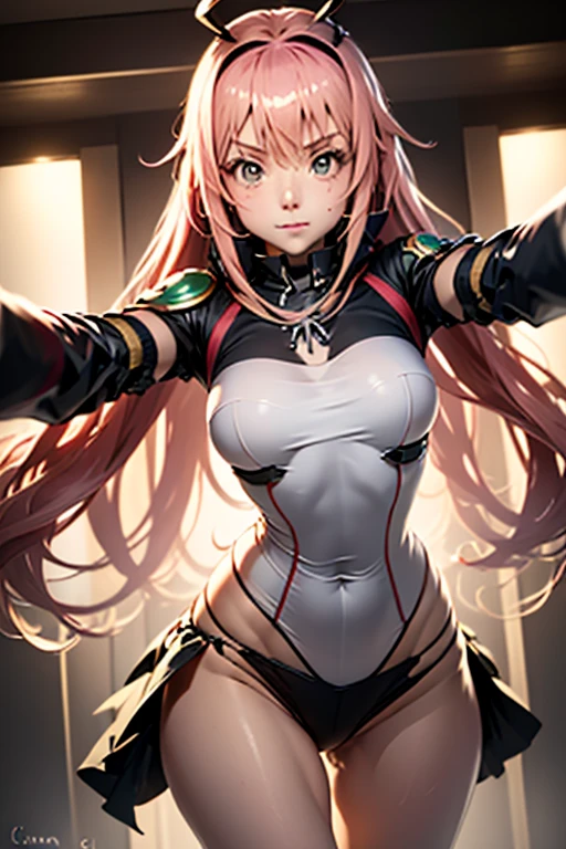 ((female)), (long pink and very messy hair), braids, (he used to smile), fangs, ((torn abdomen)), Toned arms and legs, (ela tem um piercing no umbigo, Medium bare breasts), excessive sweat, (at beach), ((pink eyes)), Feet well detailed with pink socks just above the knee with black straps on the thighs, ((very sexy)), face perfect, There are no panties drawn on the vagina, (She is standing with her legs open showing off her beautiful, undefined, tight little pussy and her beautiful, perfect naked breasts) imagem full hd, 4K , High definition