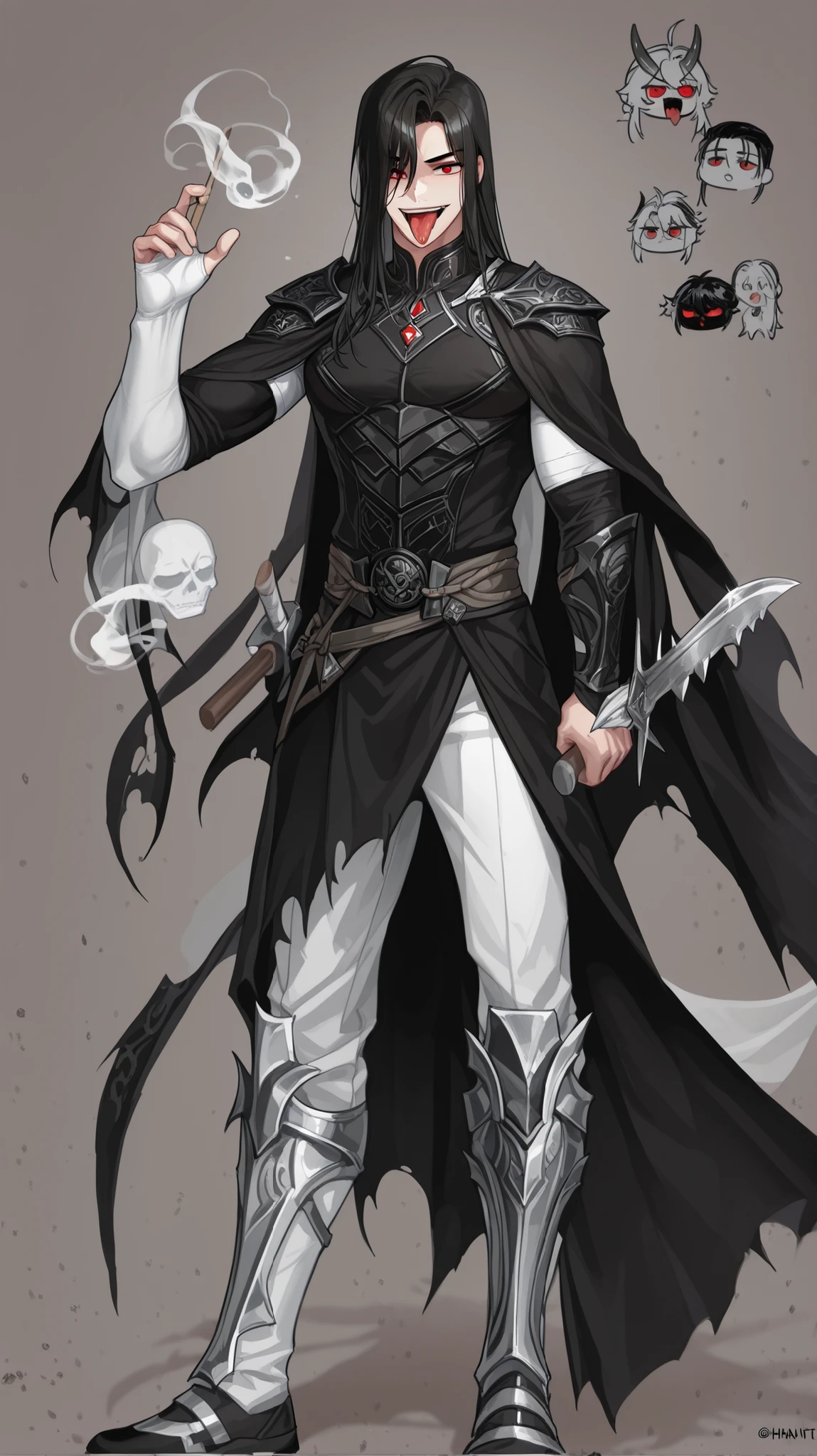 Một người đàn ông ngạ Demons , Strong , manhwa , full hd ,8k , clear face , eyes are not blurred and distorted , balanced body , Demons , sanguine , long blades , sticks out the tongue , cunning , red eyes , evil