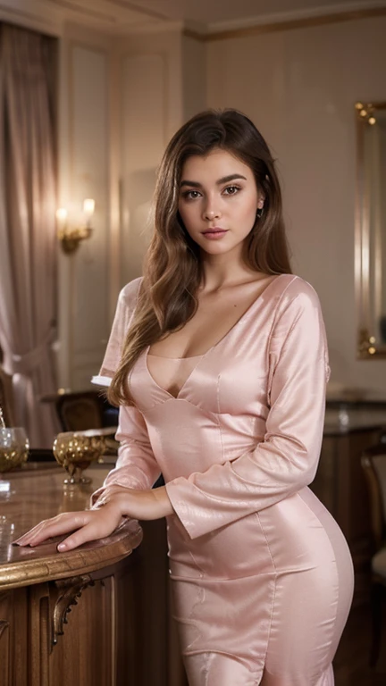 1girl in, 30 years old, Square face, Long hair, Looking at viewer, jewelry, Reality, Sexy, nightgown outfit,, colorful outfit, sofa backdrop, sitting position