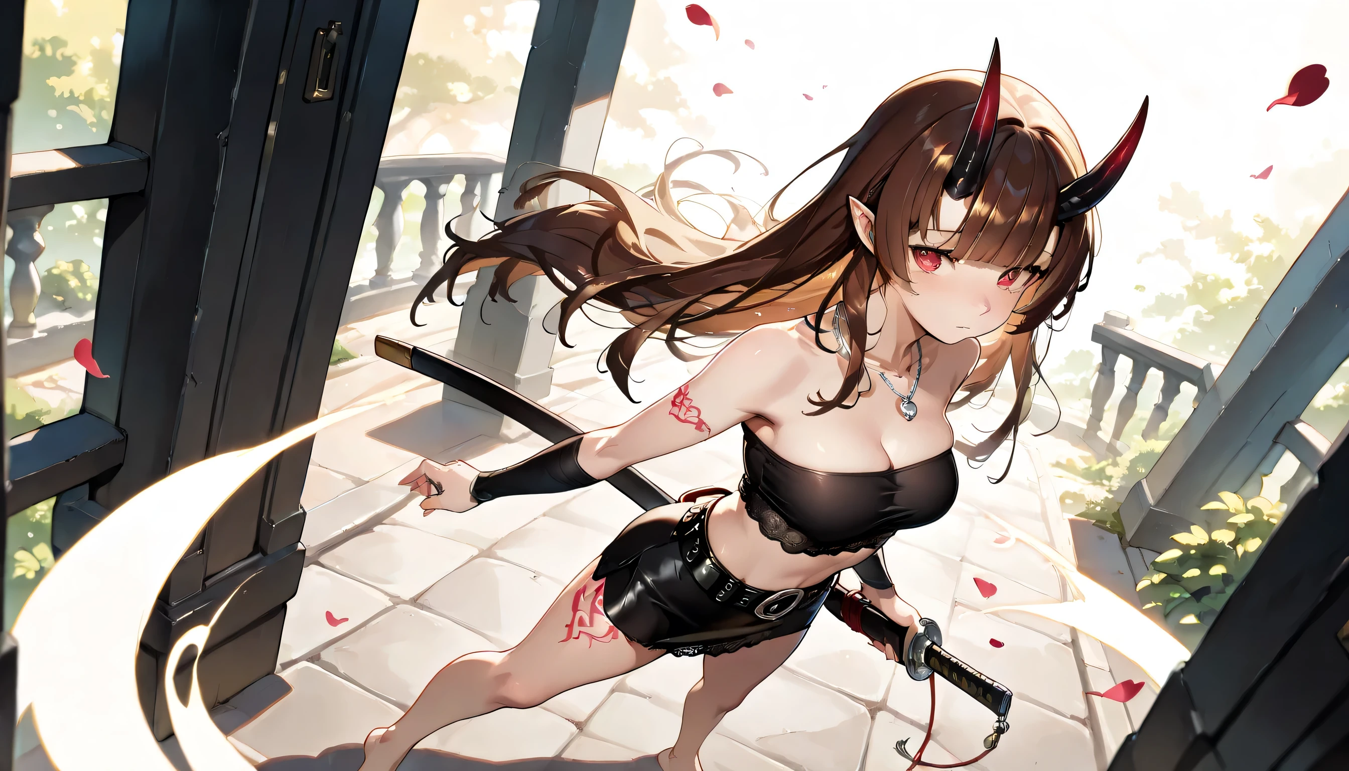 ((masterpiece, best quality, ultra detailed, high resolution, beautiful detailed face, beautiful detailed eyes, perfect hands, 4K)), (1 woman, solo), oni, one cute horn, (medium breasts), (girl with long hair, straight bangs, soft layers, neat around ears and nape, silver platinum hair), ( wearing a black twisted tube top that reveals her shoulders and midriff, paired with a stylish high-waisted pink blush mini skirt with belt loop detail. She has long wavy chestnut brown hair flowing freely, parted in the middle. She is wearing a delicate silver necklace with a small pendant. Her pose is playful and confident, as if caught mid-dance), black bandaged_arm, black bandaged_leg, barefoot, red lace panties, standing , Hold a katana in one hand and a sheath in the other, legs apart, looking at viewer:1.3,eye-level and over-the-shoulder shots, high angle, A young woman is drawn in a 3/4 view, facing slightly to the right. Her left eye is fully visible, while the right one is partially hidden due to the angle of her head. Her nose bridges slightly out from the center, and the mouth follows the curve of the jawline, subtly indicating the perspective. a dark mysterious swamp filled with white spider lilies, ethereal mist floating above black water, glowing red petals, melancholic atmosphere, cinematic lighting, fantasy landscape, detailed environment, ornamental black lotus tattoo on mid chest,