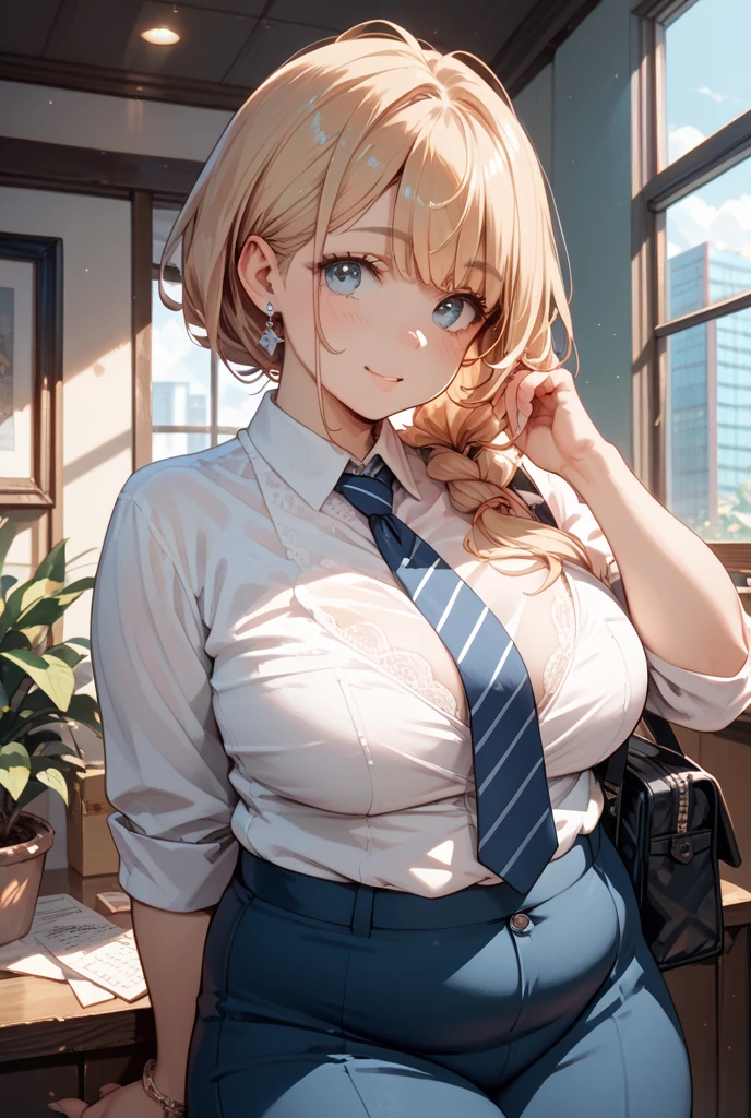 (high quality, High resolution, Fine details, Realistic), ((((Puff out your cheeks)))), Put your hands on your hips, Lean forward, alone, woman, ((office lady)), Sparkling eyes, (Fine grain), anger, blush, Shallow depth of field