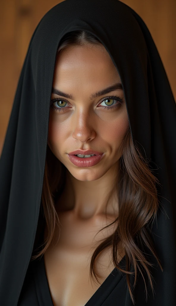 an ultra hot gorgeous (swedish0.7,Japanese:03) woman. Age 23. Voluptuous hourglass  ody. Gorgeous face.blush. Epic cleavage (100 E size) she’s a very bad nun. Almost naked. Smirking. Playing with the viewer. Seductive pose. beautiful detailed eyes, beautiful detailed full red lips, extremely detailed face and features, long eyelashes,professional,vivid colors,bokeh,almost naked. Early morning light.