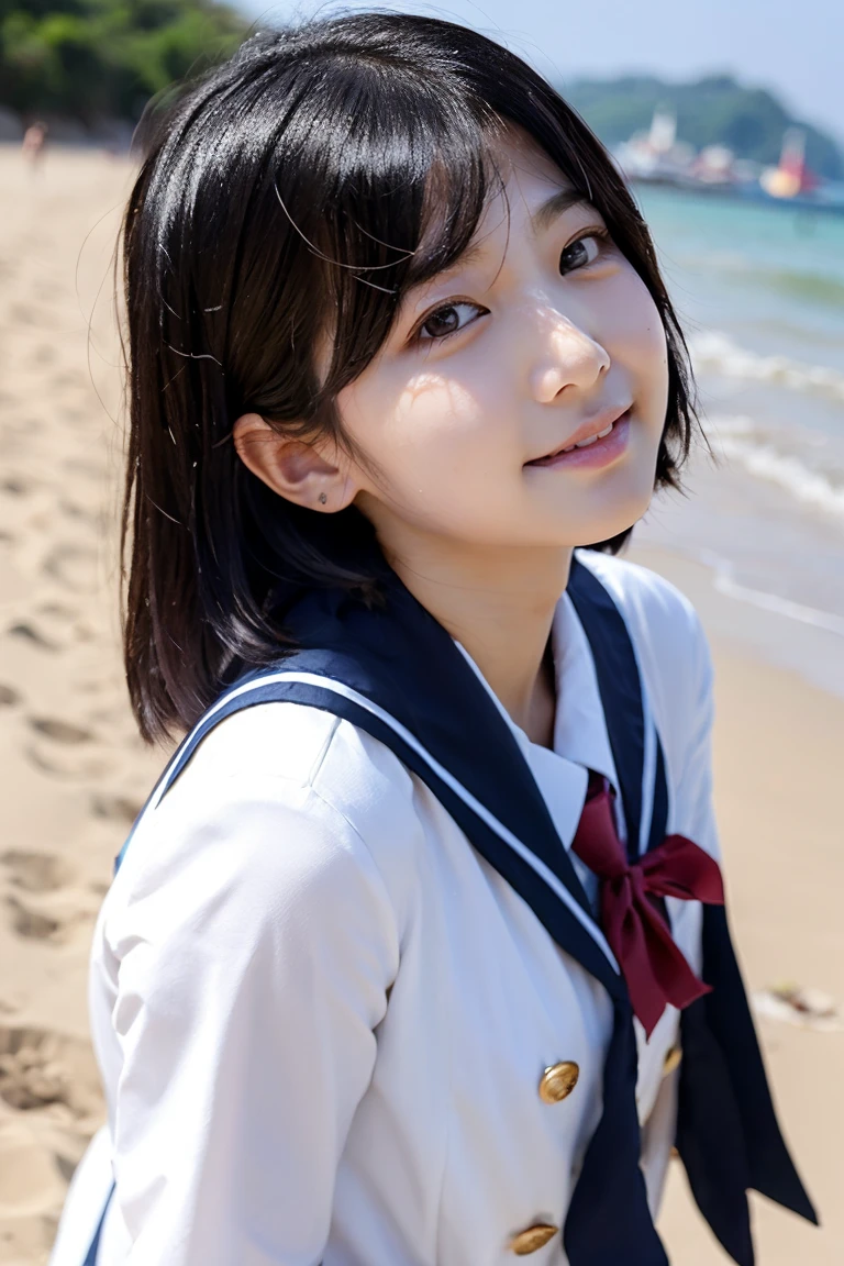 (((sunny day、Japanese 、Beach、A strong wind is blowing、Her hair and skirt are flying、Crouch down, Scooping up seawater and spreading your hands、Traditional navy blue sailor uniform、White blouse、Pleated skirt、Playing in sea water:1.25、splash、Pour water on the camera、smile、Laughter、Sandy Beach、Light of the sun、clear blue sea、The waves crash quietly、blue sky with white clouds、green mountain々、Beautiful Nature、The joy of youth)))、(((Top-down composition:1.33)))、(((8K、Highest quality、masterpiece、Ultra-high resolution)))、(Realistic:1.4)、RAW Photos、(Real skin texture:1.3)、(Film Grain:1.3)、((No underwear、Bend one leg))、One Girl、Beautiful and detailed eyes and face、barefoot、