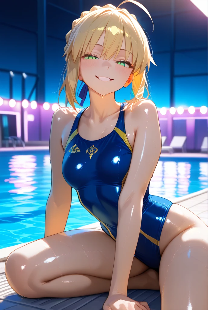 (Crotch)、Gani crotch、Squatting and legs open、Open your legs towards the viewer、pretty 1girl, top-quality、The ultra -The high-definition、hight resolution、extremely details CG、8K Unit Wallpapers、17 age、Beautiful detailed eyes,large boob、Platinum Blonde Hair,bob cuts、biomechanical oppai,Grid girl posing on the circuit 、cyberpunked、zippers、(Golden Metallic Competition Swimsuit)、(((One piece swimsuit with lines)))、Sleeveless、darkskin、(FULL BODYSHOT)、(a wet body:1.3)、(Shiny body:1.3)、 blush, Sweat,be shy、