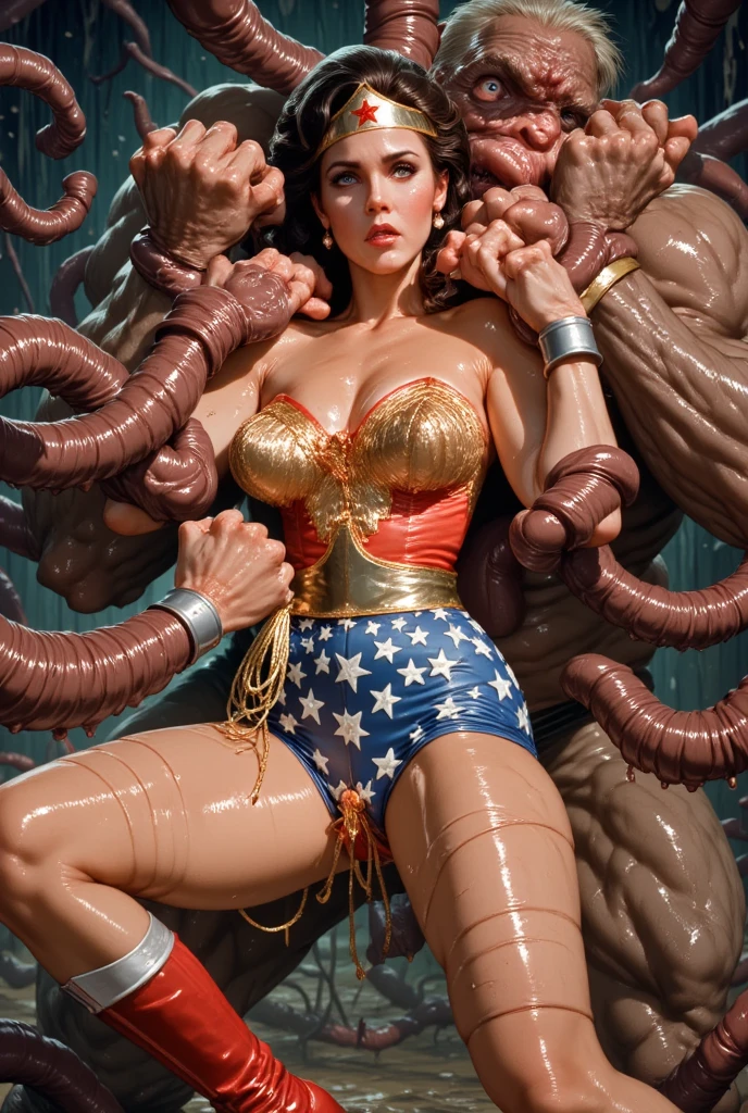 fighting in the rubble muck and debris attacked by tentacles, teen wonder woman, Tentacles around her oiled sweating body, many tentacles, Fine details,Tentacled,Tied with tentacles,giant black tentacles as thick as her legs trying to fuck her ass,teen wonder woman is drooling,Crying,Detailed body,Full limbs,cameltoe, low-angle shot, wide-angle shot, handheld shot, dramatic angle, extreme angle shot
