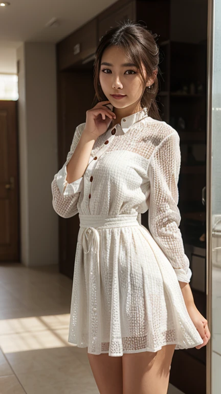 Photorealsitic, Bright indoor, Soft light, Low contrast, Shallow depth of field, Beautiful adult woman illuminated by gentle light, short length bangs, hair color is a dark chestnut shade with a slight brown tone, hair with a subtle and gentle wave, Short bob hair, (One Piece Shirt Dress), (Silk white ankle-length socks、with frills), (is standing:1.5), (Full body:1.5)