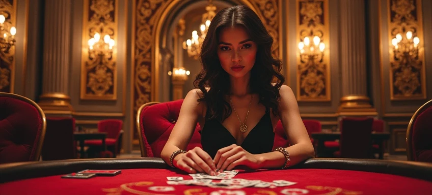 Create a hyperdetailed photorealistic macro image of a queen of hearts playing card lying on a card table. The queen is composed entirely of multiple tiny hearts. She looks contemporary, beautiful, and modern. She is portrayed as a temptress in a red silk dress surrounded by smokey red hearts and beckoning the viewer to enter the card with her finger emerging from the card in 3D along with red smoke. Add a red poker chip to the table.