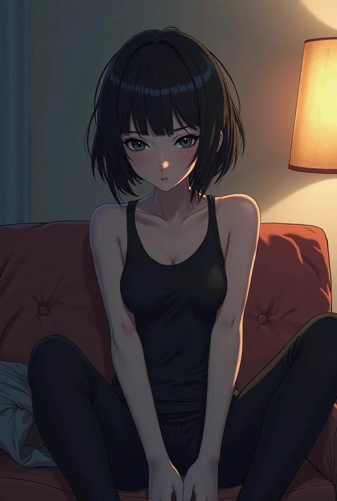 Eliza from Tekken, short black hair with bangs passing past her shoulders, short hair at the back of her head, soft gothic makeup on her eyes, purple lipstick, light casual blouse with a low neckline, short black skirt made of light fabric, sitting on the edge of the bed while caressing her face of a young man who is sleeping