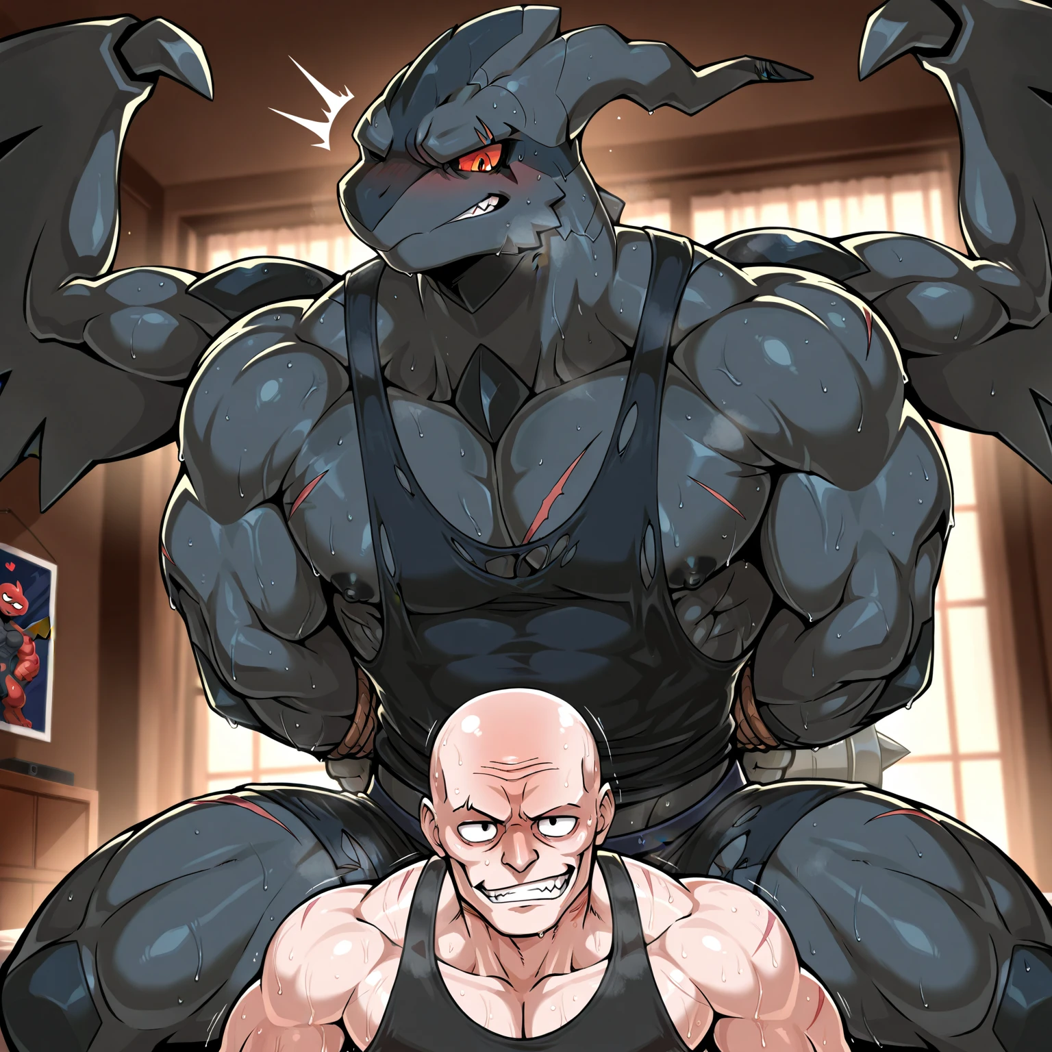 Male anthropomorphic deathclaw, scales, horns, tail, sitting, in gym, sweaty, full body, gym clothes, best quality
