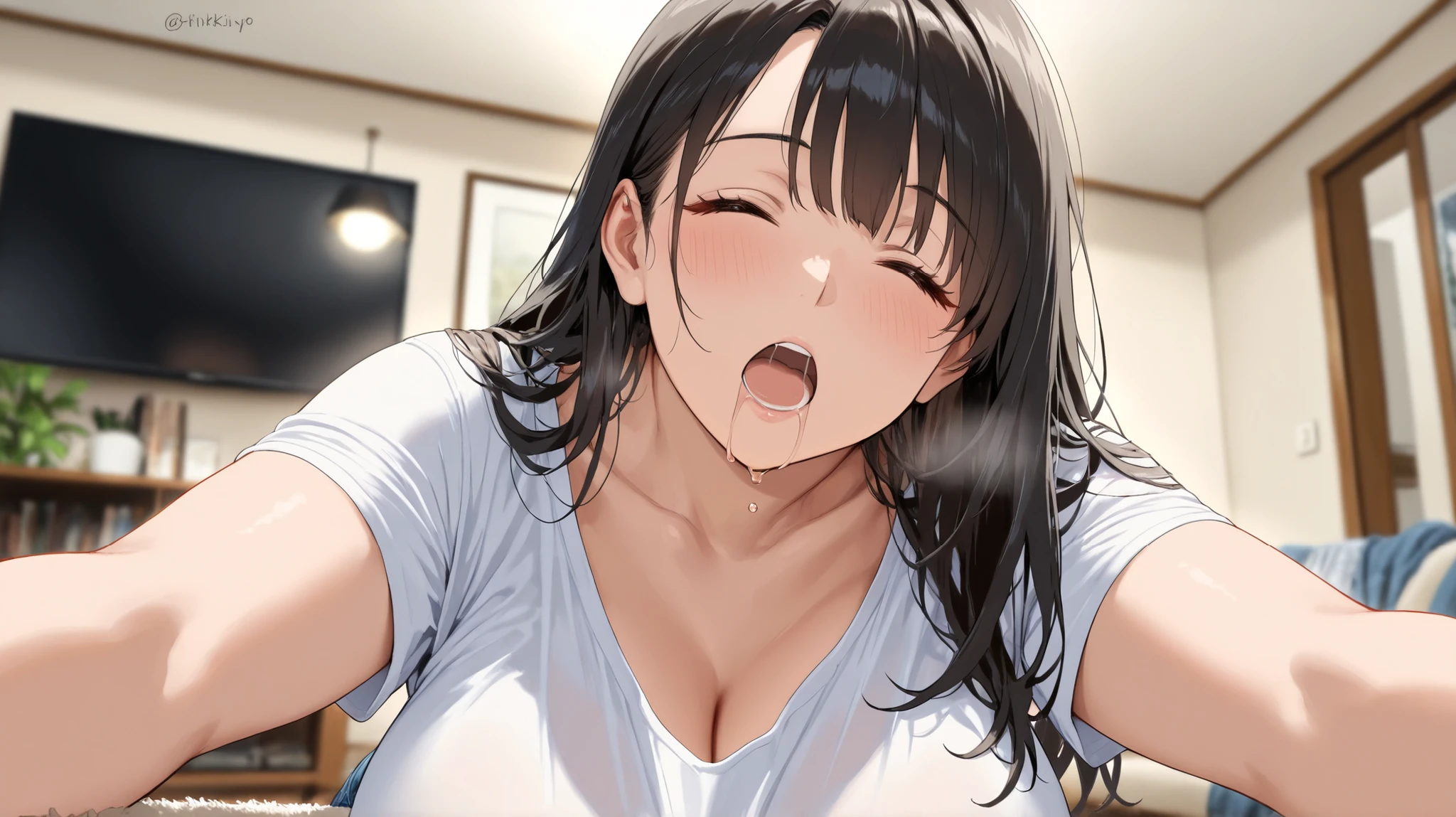 masterpiece, highest quality, become close, Focus on the characters, Yamada_Anna, (Long Hair:1.5), (Brown Hair:1.5)、Completely naked、stringy saliva、Bedroom、Ecstatic expression、Oral sex、While massaging your breasts、Blowjob、Girl licking male genitalia、Sucking a man's penis、Sucking a penis、shemale、Having both breasts and male genitalia