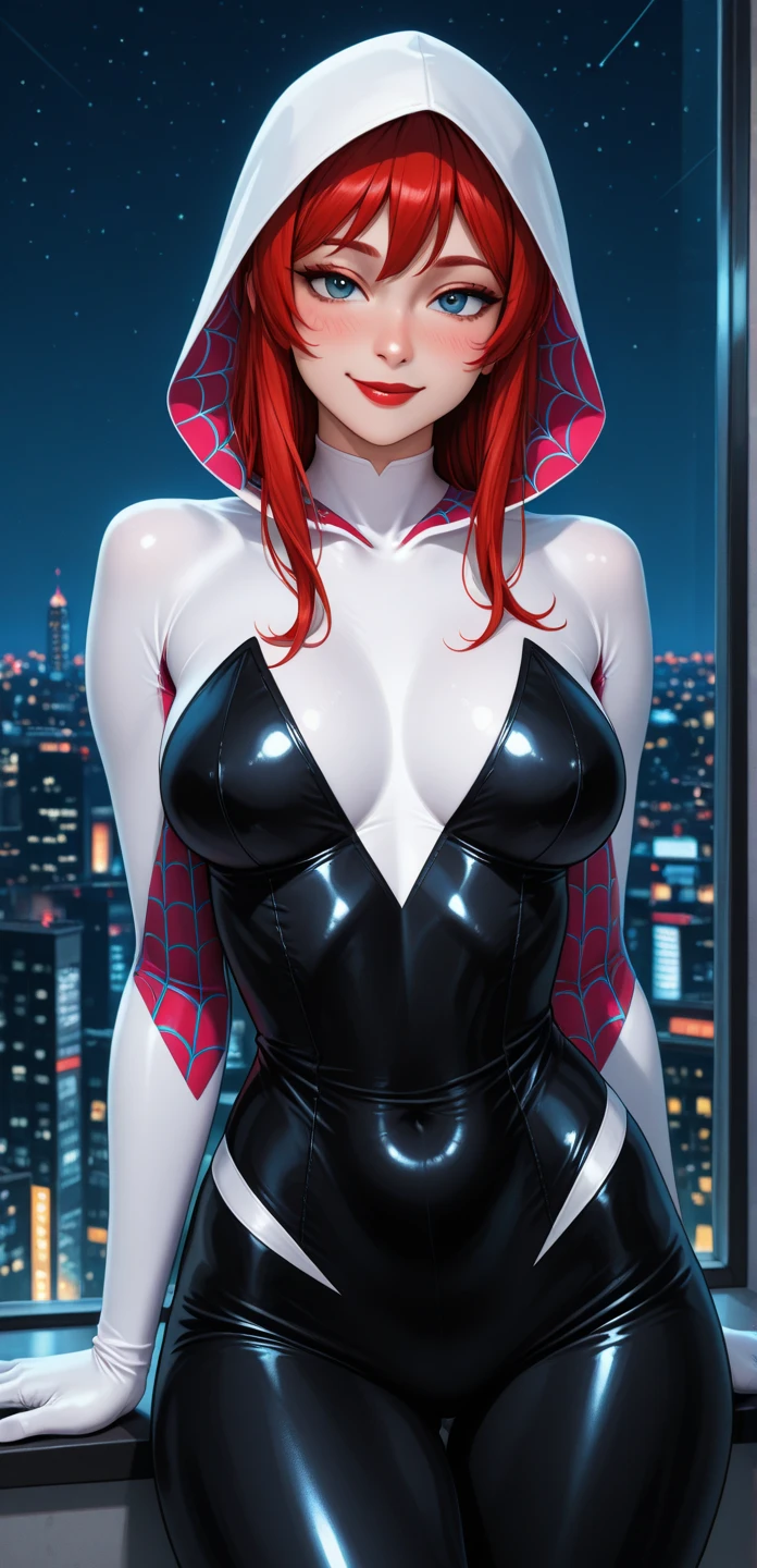 high quality instagram photo, full body of a Scandinavian girl, 20 years old, red hair, sexy, green eyes, freckles, cute face, (large breasts), big ass in sexy Spider-Gwen costume with black spider symbol, lying down,of new York evening background