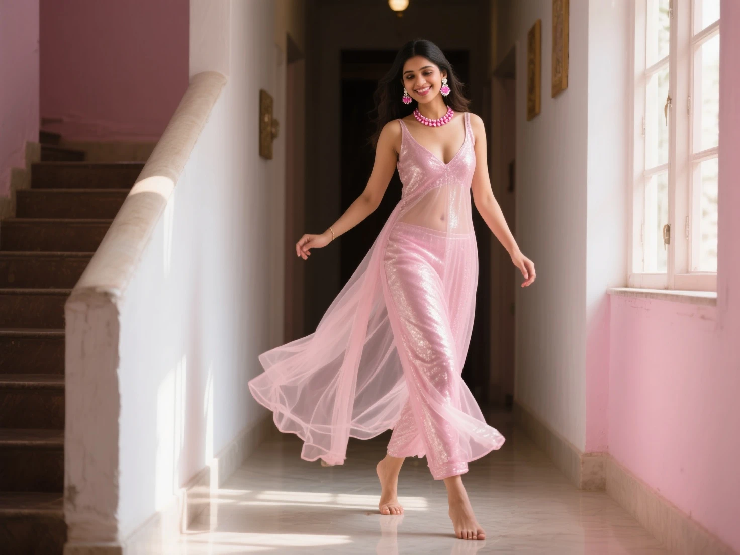 South asian girl wearing a Greek draped pink dress