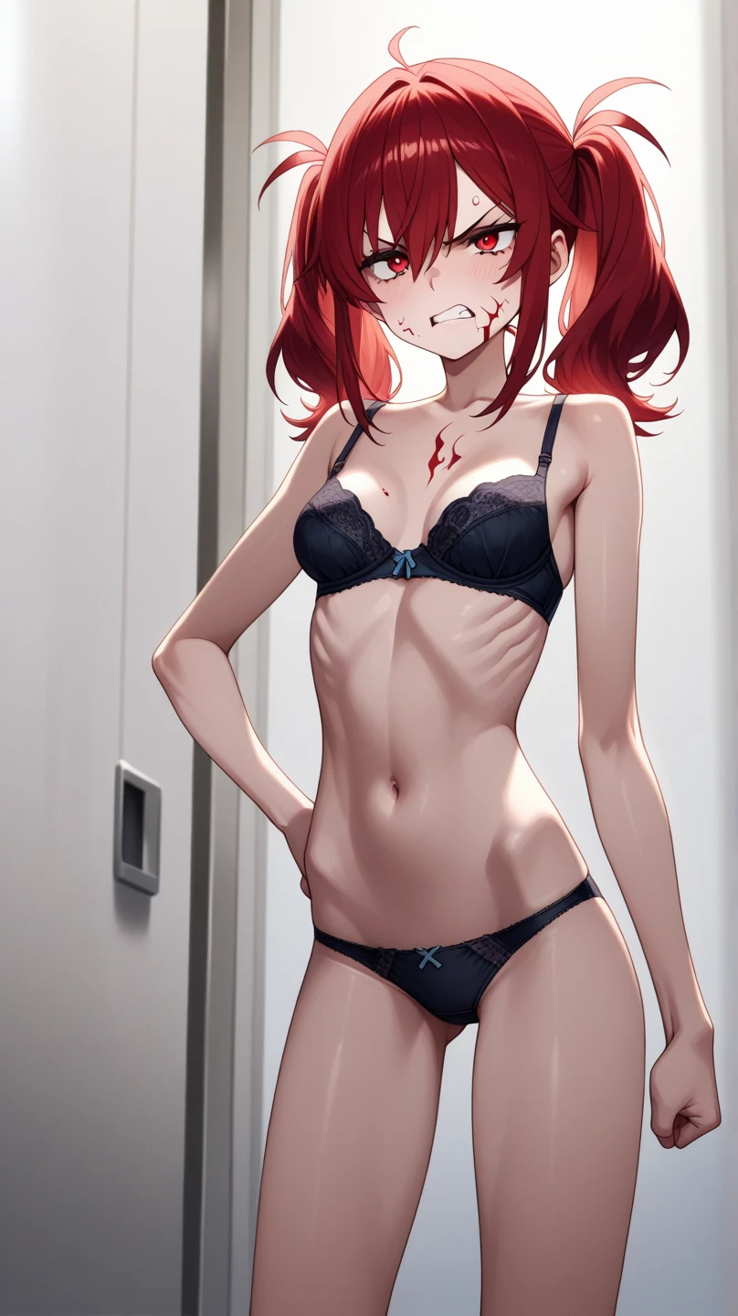 ((perfect anatomy:1.2,realistic,:1.3,RAW Photography:1.3,masterpiece、highest quality、Ultra - High resolution、High resolution、Highly detailed CG、8K)),nsfw,cowboy shot,1 female,alone,20-year-old,beauty of japan,beautiful detailed face and eyes,big and gorgeous eyes,gray eyes,(red hair,short bob hair,bangs), (slender body,small head:1.4, skinny、small breasts),((injury、Beaten bruises:1.5)), glowing skin,oily skin,sweat,(nipples,vagina,wear a white bandage:1.3,treat),sitting,simple bed、White bed sheets、old hospital room、old hospital、fantasy,world of swords and magic,medieval europe、natural sunlight、