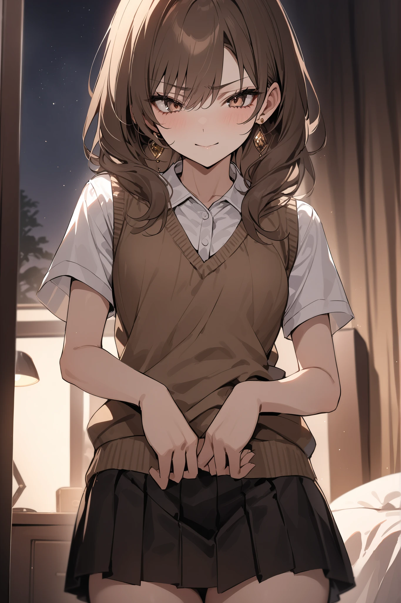 ((masterpiece,Highest Quality:1.2)),(soro),night,Slender, slender high school girl standing in her room looking down at you,cowboy shot,brown long hair,Perfect brown eyes, tree eyes ,Serious smile,brown knit vest,white school short sleeve blouse,(Black Pleated Skirt),Gold Earrings