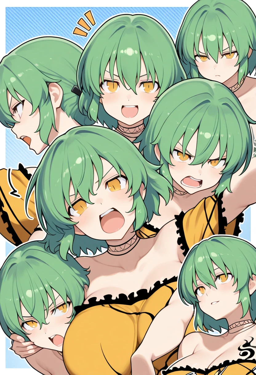 16k works,Highest quality,18-year-old,No background.White background only,whole body、Kneel,Dynamic and sexy pose, One person, Beautiful Face,, Symmetrical eyes, Perfect body, Good balance、 Perfect body、Green Hair, (Boyish short hair:1.3), High Fashion Brands, Big Breasts, Black clothes, Wear sunglasses