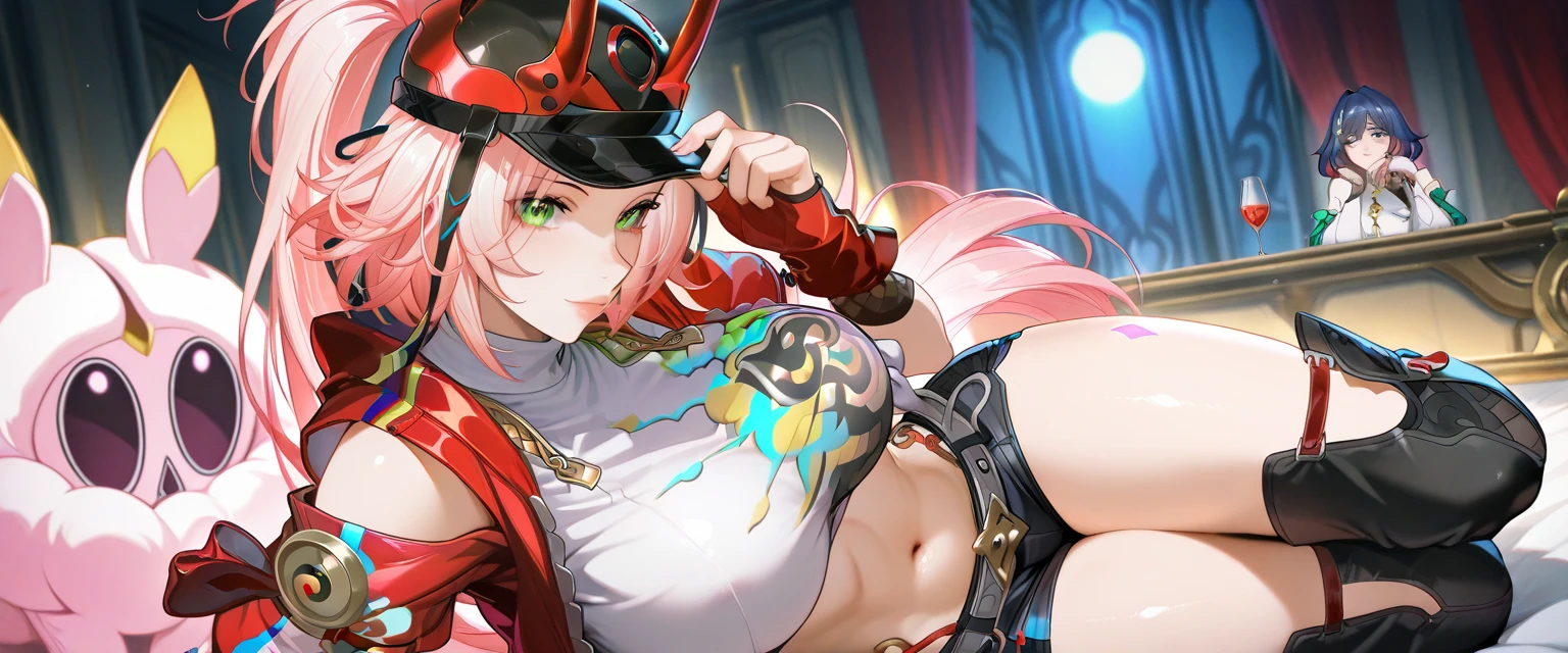 (masterpiece), best quality, expressive eyes, perfect face,1girl,thoma \(genshin impact\), genshin impact,izakaya,[[cross spear]],holding,holding weapon,shy smile,blush,cowboy shot,glowing eyes,big breasts,cleavage,navel,skirt,red vision,long hair,strapless,bare shoulder,magical girl,studio lighting,(sparkle:0.9),(glitter:0.9)