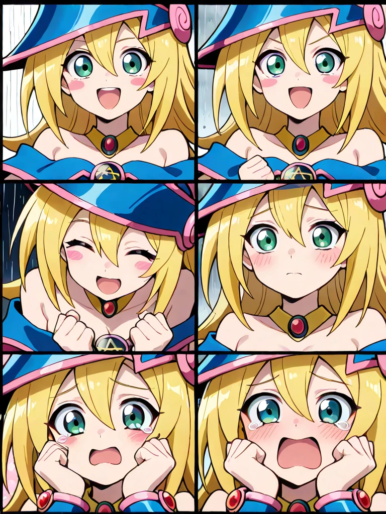 parted lips,
solo,
DarkMagicianGirl,1girl,blonde hair,blush stickers,green eyes,
wizard hat,
choker,
bare shoulders,cleavage,capelet,blue dress,see-through,
, blush, open mouth, big mouth, tongue, tongue out, close up, saliva, uvula, uvula, room, mouth focus, excessive saliva, 