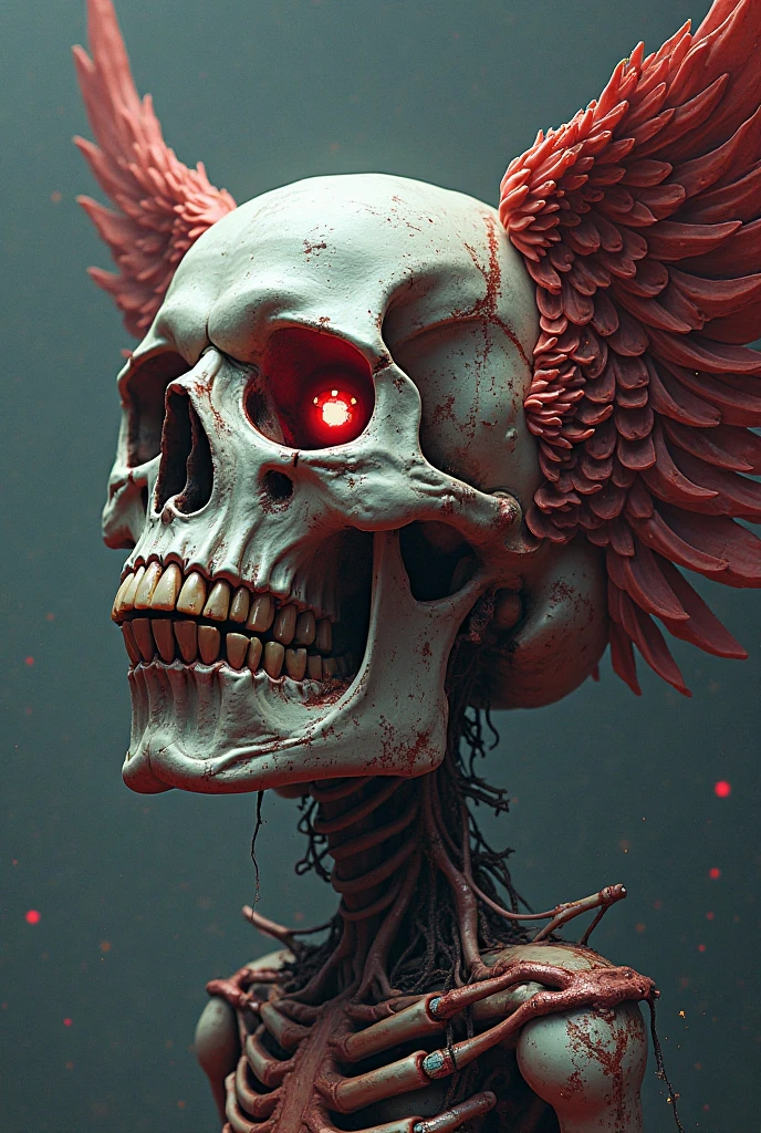 Create an image of a skull with wings and various red color effects throughout the atmosphere