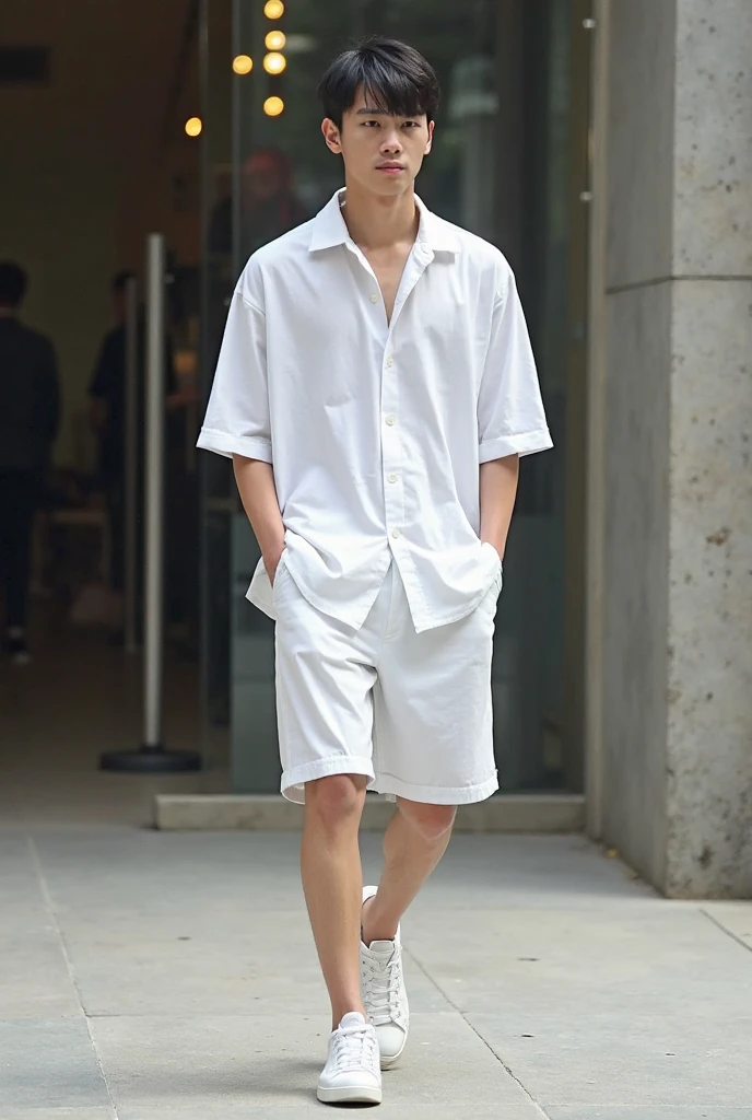 boy,Handsome and sunny,Wear a white T-shirt,White sweatpants,White travel shoes,In the spring sunshine,Side Light,High-definition quality,Rich in details
