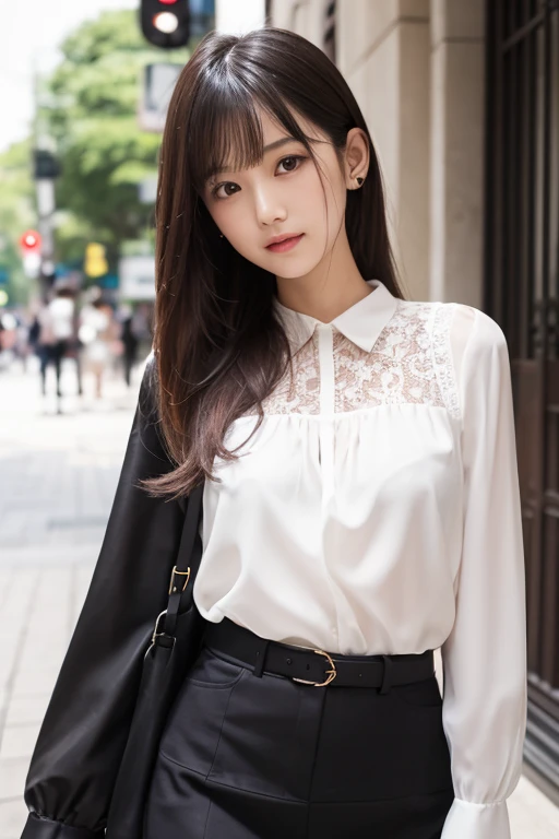 (Highest quality,8K quality,masterpiece:1.3),(Ultra-high resolution,Realistic:1.4,Live Shooting),(Very detailed,Caustics),(Ultra-Realistic Capture,Beautiful and detailed skin),19 years old,Beautiful Japanese, Medium Hair, Asymmetrical bangs, Brown Hair, I'm looking at the camera with a smile on my face,Soft Light,A ray of light shining from above,Natural light,((blouse)),(((One Woman))),Open Cafe