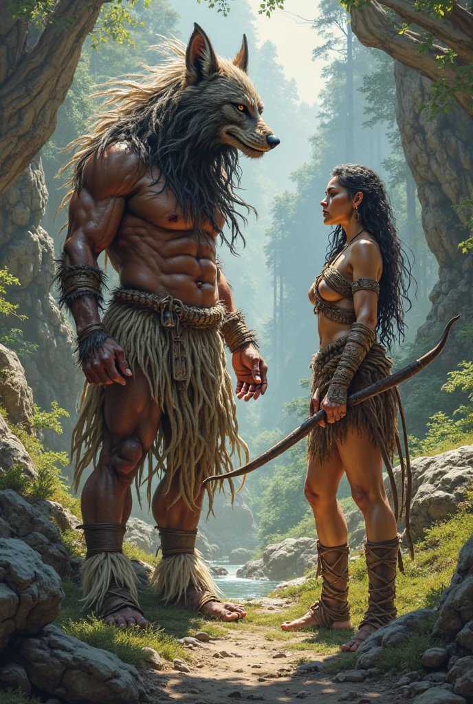 A highly realistic panoramic sunlight image of Conan the Barbarian and his beloved Bêlit with huge breasts, parte superior nua vestida apenas com uma tanga de homem primitivo, ambos parados, cidade ancestral abandonada, Ruined building, surrounded by jungle trees in 10000 a.C., fotografia HD, ultra-realistic, Rei Tut, 4k, hyper-realistic, Crisp texture, cor