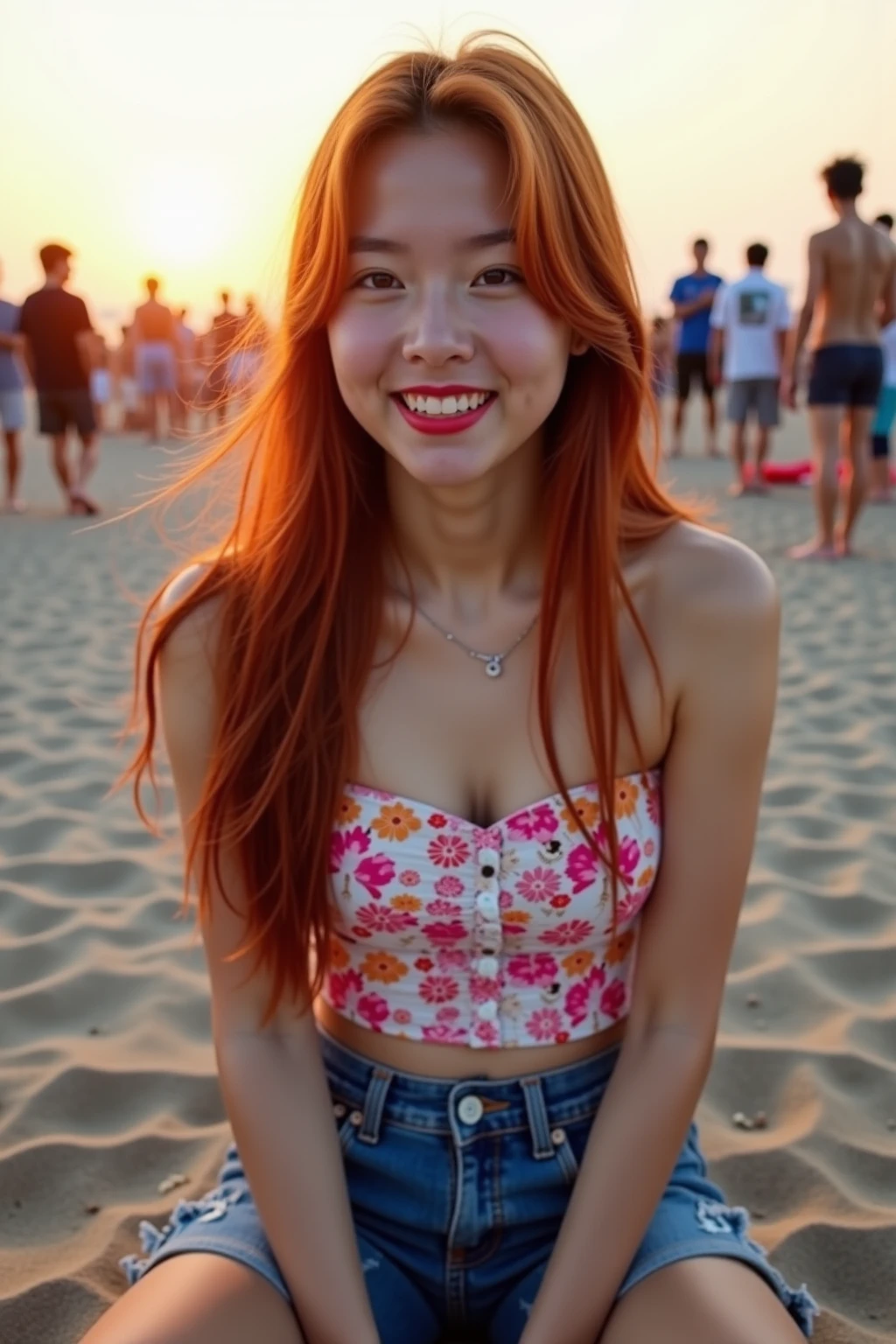 ((ROW фото )), ((high quality)), ((Photorealism)), masterpiece, Clarity, detailing, high sharpness, sexy girl sitting on the beach with her friends, Eveningинка, Evening, big green eyes, (( Red hair )) , freckles, small parts, small breasts, pleasure, Bright studio lighting, smile, bracelet, palm trees,