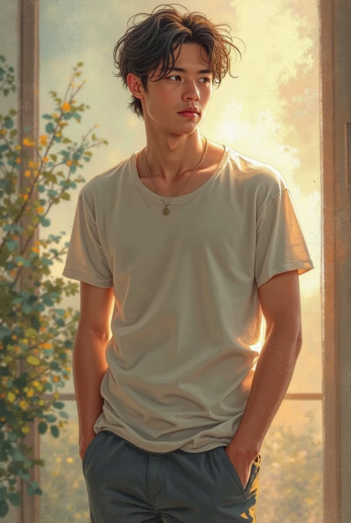 1 male, Impressionist style, Brushwork, hazel brown eyes, sharp brows, long eyelashes, skin tawny, deep tan, curtain bangs, tapered undercut, middle part, textured waves, golden brown hair, highlights, almond eyes, slight upward tilt at outer corners, inside jeep, background inside jeep, holding steering wheel, college male, white fitted t-shirt, silver cross necklace, grey swim shorts, black flipflops, waist up shot