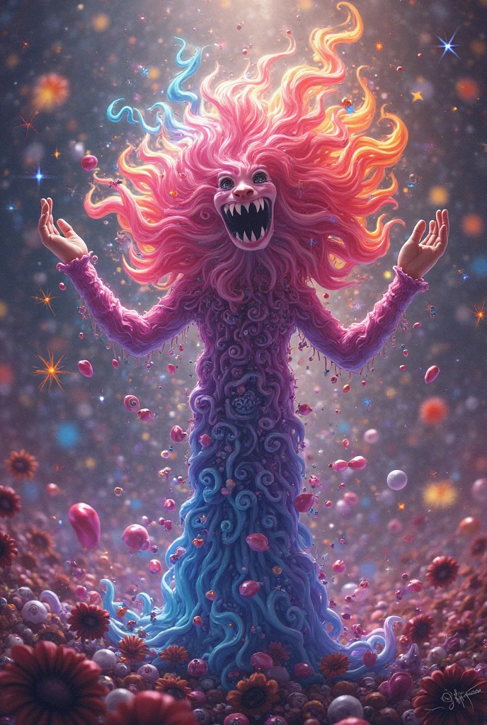 Highly detailed (Dan Mumford:1.2) portrait of a adorable ghost woman with round, opaque colorama colored rainbow rgb skin color, expressive eyes and a scary smile, (fantastic amazing decoration:1.2), abstract beauty, explosive volumetric, Perfect anatomy, (best quality, 500px, 64k ultra hd:1.1). (A perfect finished work of official art:1.1). Digital painting (ART By Apterus, ART By Dan Mumford, Anime Style:1.1)