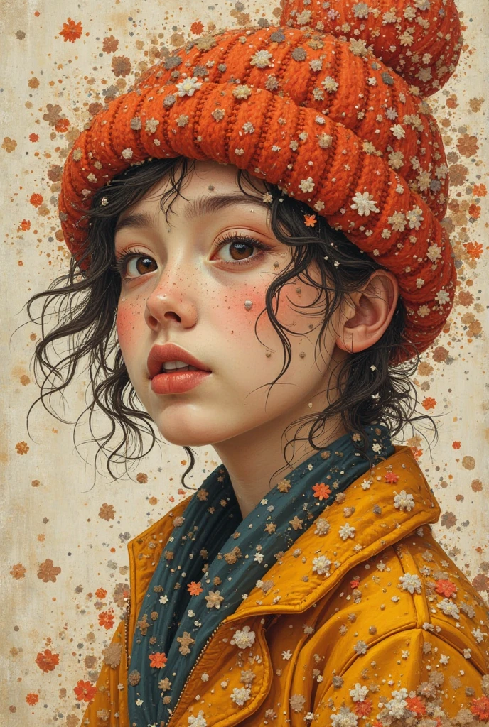 1girl with puffer clothes, abstract background, art by Norman Rockwell