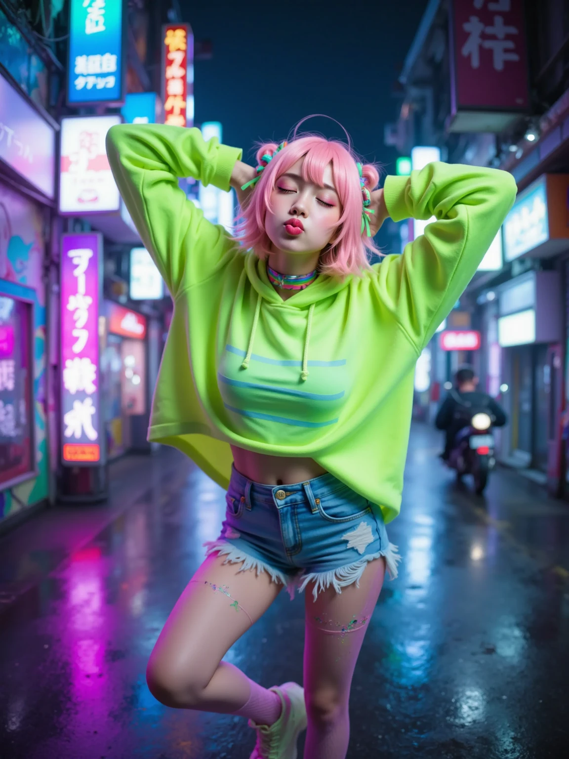 girl rave,(((1girll))),((A very cute and beautiful girl with pink hair)),((Asian characteristics)),(small breasts:1.4),healthy chest,valley,(((neon pink hair) :1.35、wild hair、long hair:1.4、Color Inner Hair、ear breathing))))、(((neonlight_Green_Eyes:1.3)))、intricately detailed eyes、beautiful detailed eyes、symmetrical eyes、slanted eyes:15、(((thick) )),(((ツヤGlossy skin:1.5、bright skin:1.5、Glossy skin、とてもGlossy skin、shining body、plastic glitter skin、誇張されたGlossy skin、bright skin、wet legs))),(spider underbelly、narrow waist、wide buttocks、athlete body、bulging legs、detailed body、(detailed face))、cute、Slutty、charming、erotic、(((NSFW)))、Absolute area、tracksuit、Skin showing、((rave shirt in) neon print、rave mini shorts、visible thong strap))、(Rave costumes:1.3、rave clothes、half naked、I don't have many clothes)、((Neon Tattoo:1.3))、((wet clothes、intricate costumes、complicated clothes))、(dynamic pose:1.0)、solo focus、embarrassing、(Centered、Scale to dimensions、Rule of thirds)、Cyberpunk city by the sea at night、Bright neon lights and dark storm clouds and puddles、landscape:1.25 、artistic pictures、(photograph:SLDR)、High resolution、sharp focus、(Super detailed、very detailed)、(realistic artwork:1.37)、(very detailedな Cg Unity 8K 壁紙)、((Synthetic wave background theme)) 、(((Bright colors)))、(complex background)、(masterpiece)、(highest quality)、