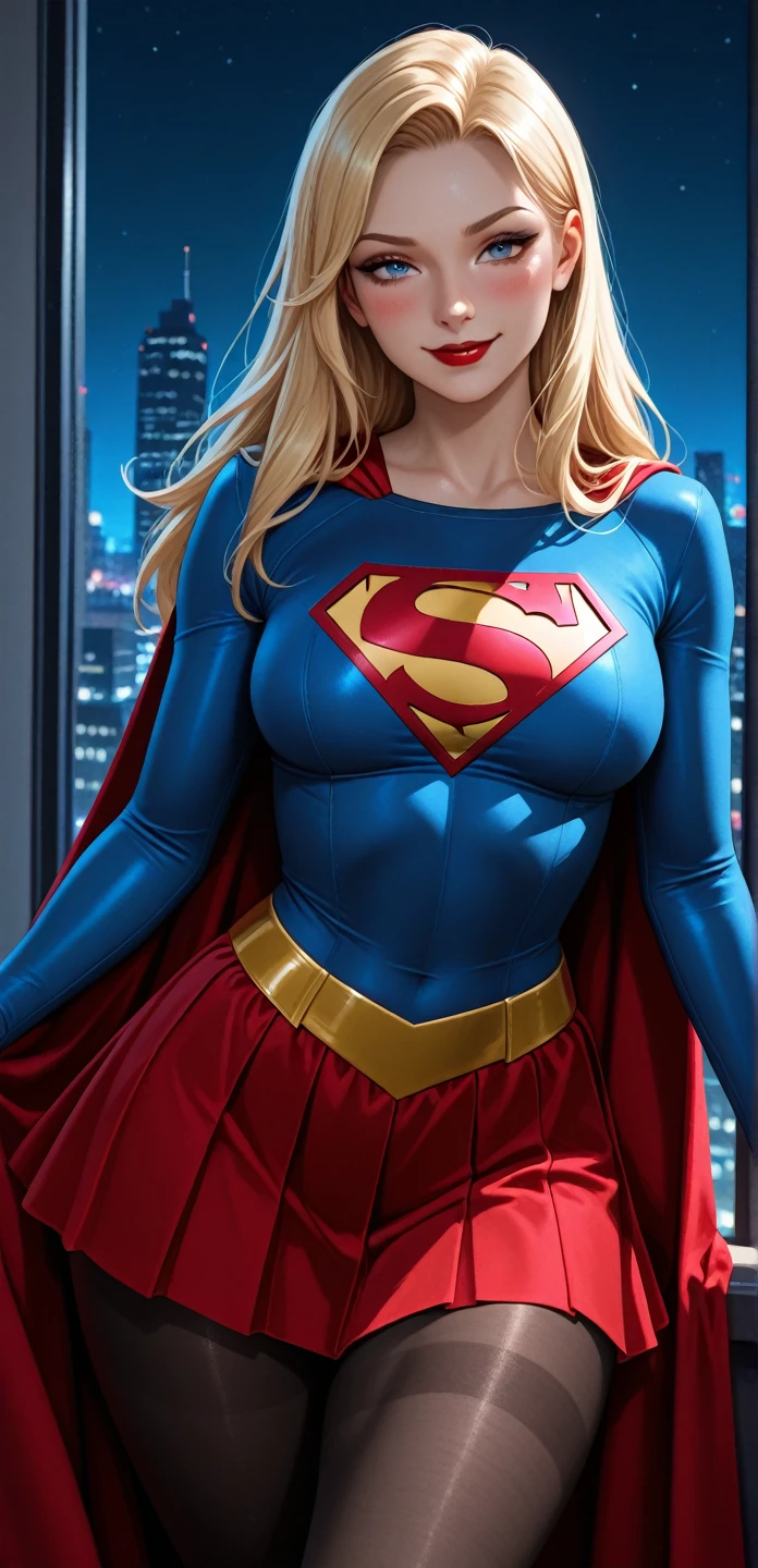 ((Highest quality)), ((masterpiece)), (Familiar),(Melissa Benoist)、(Supergirl), Perfect Face、Accurate、24-years-old、Supergirl女性、blonde、Long Hair、smile、Accurate指の描写、Beautiful nails、Plump body、Big Breasts、Narrow waist、Big Ass、Red Cape、Red knee-high boots、glamorous、glamorous、(東京タワーの上空を飛ぶSupergirl)、(Accurate東京タワー)、(aerial photograph)