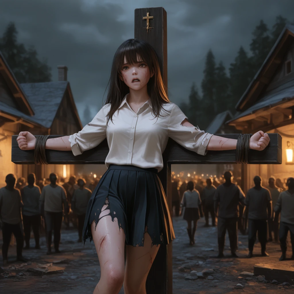 masterpiece, best quality:1.2), solo, 1girl, honoka , skull hair ornament, , purple jacket, necktie, single glove, black gloves, plaid skirt , steam , plaid skirt , pleated skirt , Tight shirt , white Shirt , school girl , red bow , red knot , big breast , big tits (pillory:1.5),(flail:1.2), flail on the head,A girl kneels on the ground,8k,ultra high resolution,ultra high definition,masterpiece,huge breasts,Anatomically correct