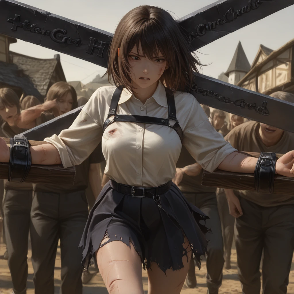 A beautiful girl both hands are tied in a prison cell with chains on her neck

She looks like mikasa from attack on titan , her dress is white but dirty she also looks dirty because she is captured and tears are in her eyes... Make her dirty yet beautiful 

 Make the background with cobblestone walls and is gloom sad and dark
