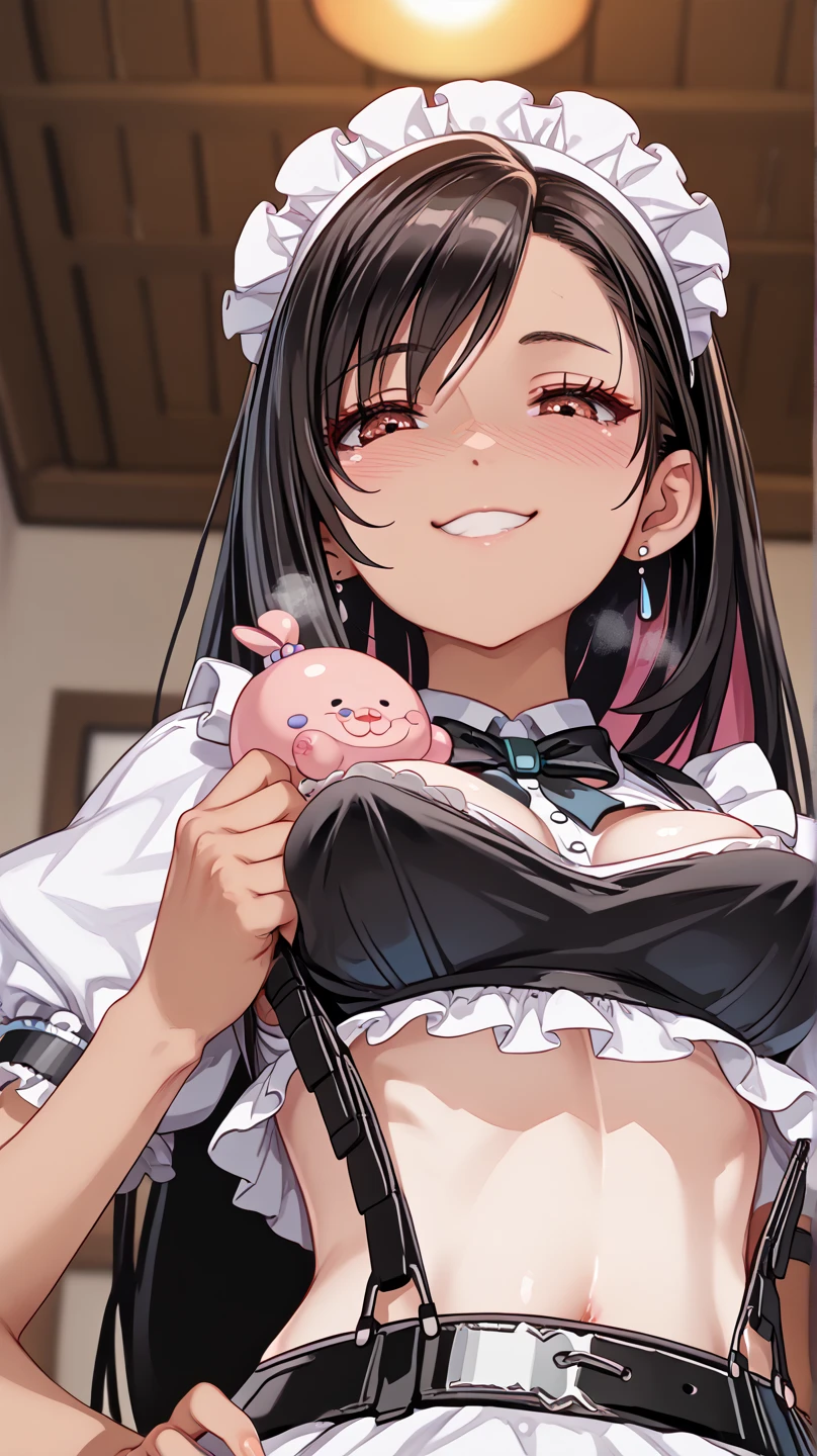 1boy,1woman,mature woman sucking penis,blowjob,woman,black hair,woman focus,tongue out,sweaty,bukkake on face,naughty bunny costume,at nightclub,cum,detailed skin,bangs up hair,sucking,suffering,short wavy hair,eyelash,earring,penis in mouth,
