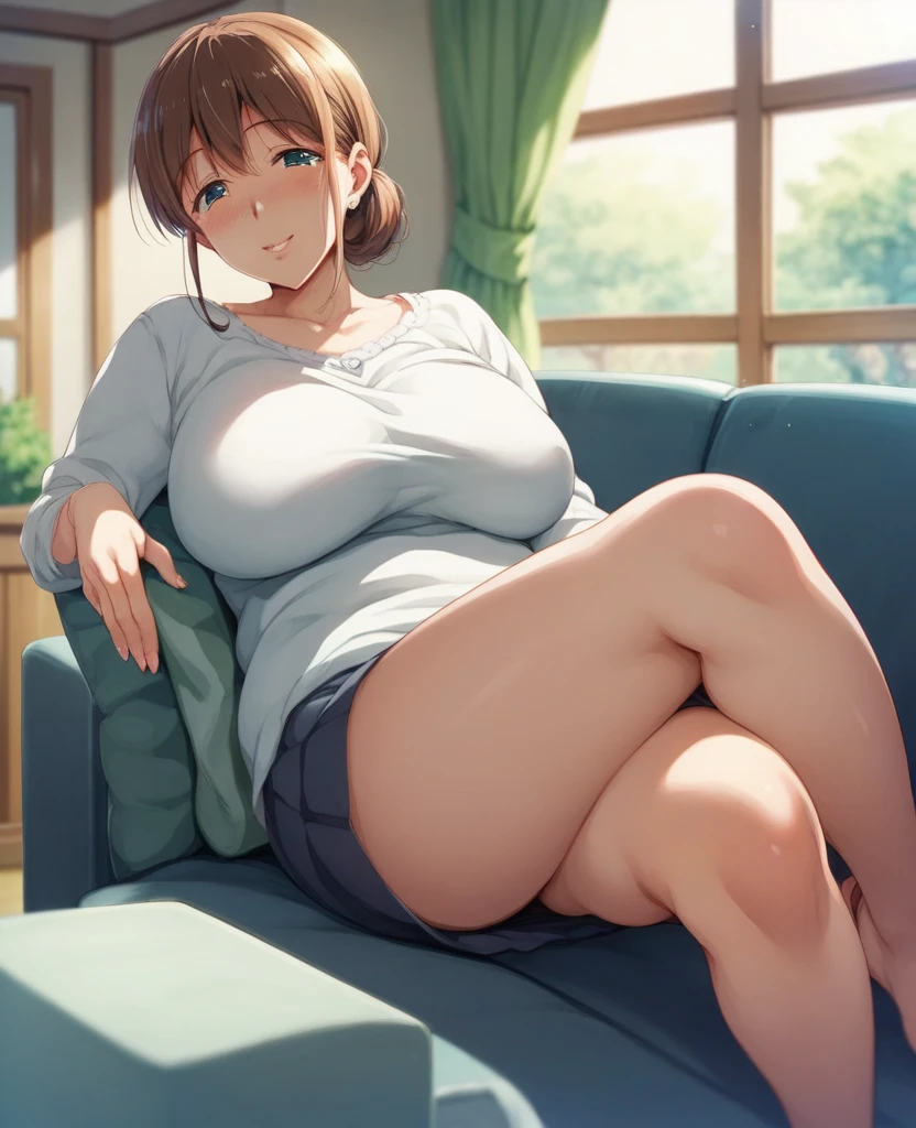 ((NSFW,masutepiece, Best Quality, hight resolution, nffsw, Perfect Pixel, depth of fields, 4K, nffsw, nffsw)), 1girl in, Single, Solo, Beautiful anime, Beautiful Art Style, Anime Character, (Long,Brown hair), (Black eyes:1.4, rounded eyes, Beautiful eyelashes, Realistic eyes), (Detailed face, Blushing:1.2), (Smooth texture:0.55, Realistic texture:0.65, Photorealsitic:1.2, Cinematic, Anime CG style),Chubby woman,Huge breasts,big areolae,Perfect body, cleavage, Pubic hair,(living room, Sitting on a wooden chair), natural light in the morning,(embarrassed from),with blush cheeks,agitation,tears in eyes,((barechested)),Spread your legs apart,(vaginal,hairyvulva,cum shots),(((full bodyesbian,longshot,Top of the head,kne,Foot first)))