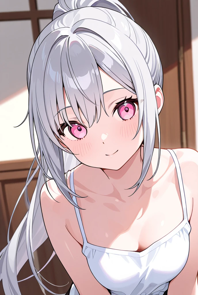 masterpiece, best quality, movie still, 1girl solo, female focus, looking at viewer, smiling, upper body, depth of field, (watercolor illustration, soft pastel colors:1.1), realistic, white hair, white eyes, naked, perky small breasts