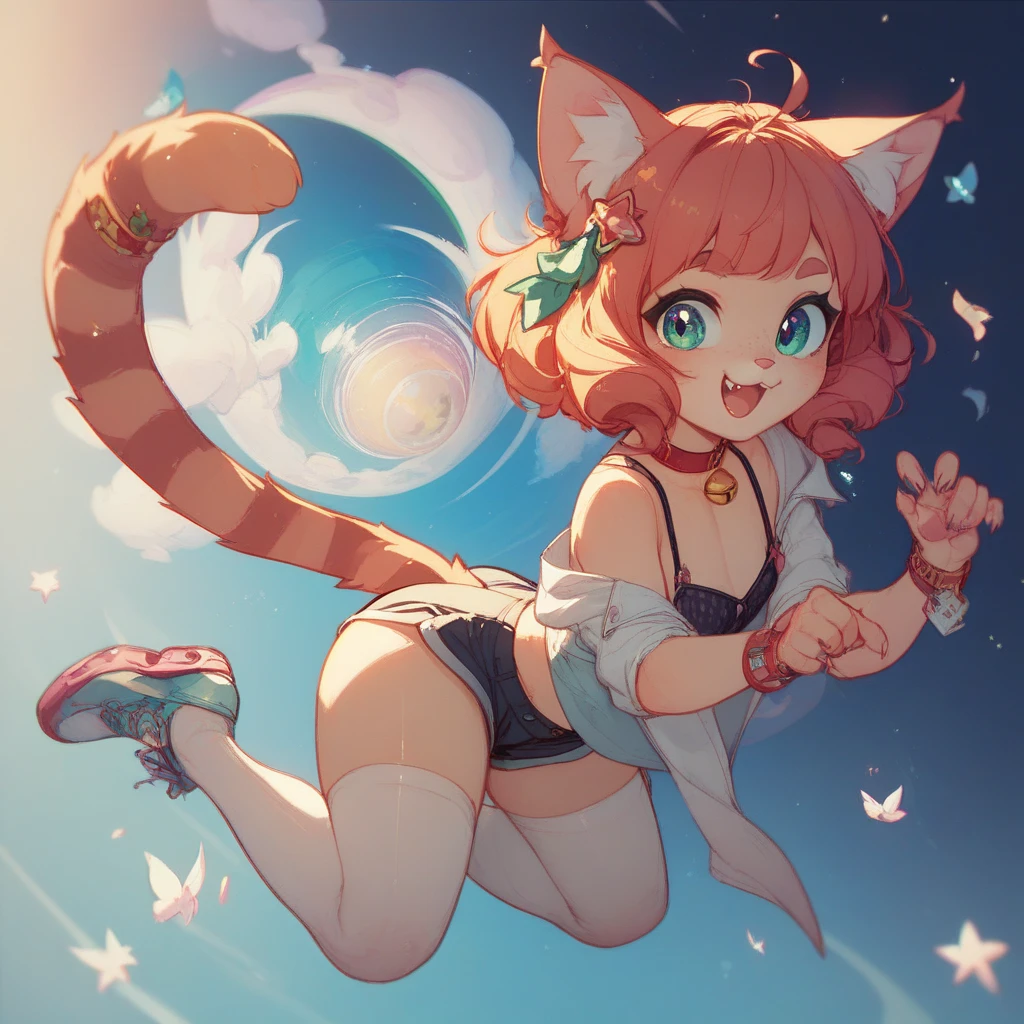 Oni is a rainbow girl otter with the colors of green, yellow, orange, pink, and blue. she have a yellow tail with pink leaf-shaped markings, a white belly, and pink cheeks. SPARKLE; GLITTER
