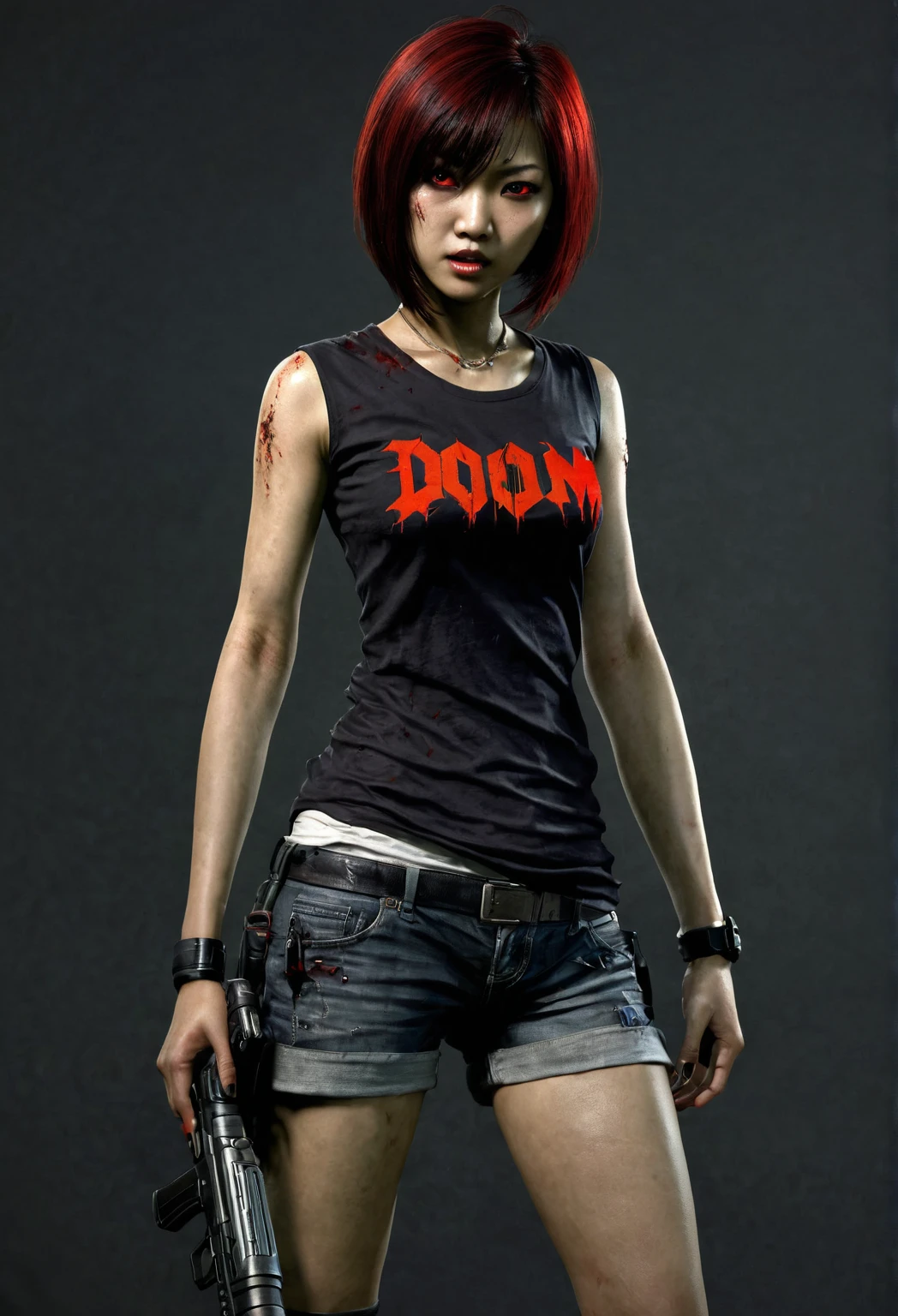 score_9, score_8_above, score_7_above, Photo, women, young age 18 years, pink fur, short haircut, scared, route t-shirt, blood, cut, Blood,dirty t-shirt, standing in a crowd of zombis, (against the background of a crowd of zombis), looking at the viewer, after the apocalypse, zombis, gloomy Photo