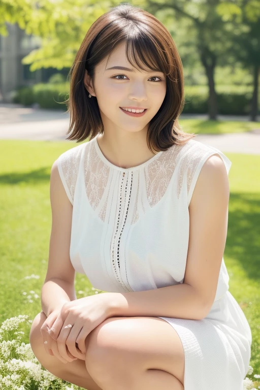 (Super beautiful girl:1.2), A neat and clean woman, masterpiece, Highest quality,
Award-winning works, Great Skin, smile、
Delicate face, Cute Face, Young Face, Clean look, Sparkling eyes, double eyelid,
small, Beautiful breasts, Narrow waist、Up to the waist
((High resolution)), ((Highly detailed CG Unity 8k wallpaper)),
short hair, bangs, Elegant rounded bob,
Portrait of a woman in a white dress, captivating and mesmerizing, garden, Poetic atmosphere, sentimental