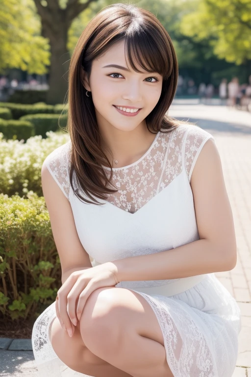 best quality, in 8K, master piece, lifelike, Sharp Focus, high quality, hilight resolution, A detailed face, A detailed eye, Thick lip, (Look at viewers), solo, Beautiful Women, 28 year old, A slender, Beautifully trimmed hair, cleavage of the breast, (brightly colored dress, dress color is random), Afternoon in front of the park garden, (Random body direction), whole body shot,