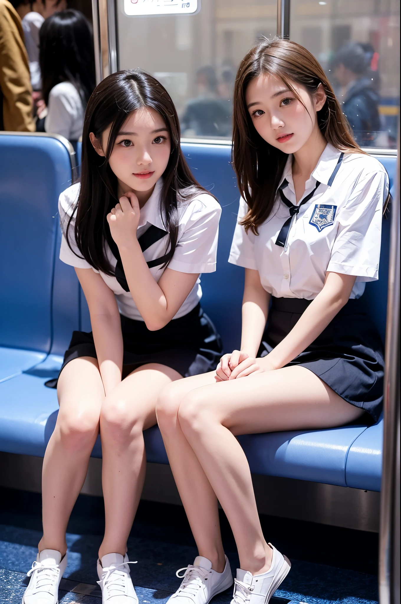 (Highschool girls inside bus:1.4, 17 years old, cute faces:1.5, triangular face, sitting on bus seat, commute), looking at viewer, ((embarrassed:1.3, delightful smile:1.1)), shy smile, open mouth, silky skins, natural makeup, glossy lips, group shot, (show :0.5), (identical school uniform:1.5, white shirt open chest, see through, dark plaid pleated skirt:1.4), (naked :0.2), (3 girls:1, perfect style), ((slender body, shaggy short hair, hair ribbons)), (show panties), (raw photo:1.4),((highthigh, stockings, legs wide open)), (gentle lighting, 8k, raw photo, idol), BIBE, window with street view on background