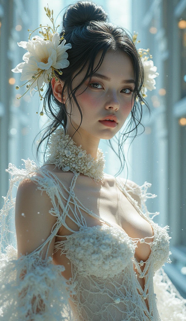 a RAW photography, shot on Hasselblad X1D-50c, ISO 100, surreal fashion photography, portrait of a woman up to her chest, detailed face, avant-garde fashion in translucent flowing fabrics, fabric overhead, telephoto, studio lighting, 4k, canon eos r3