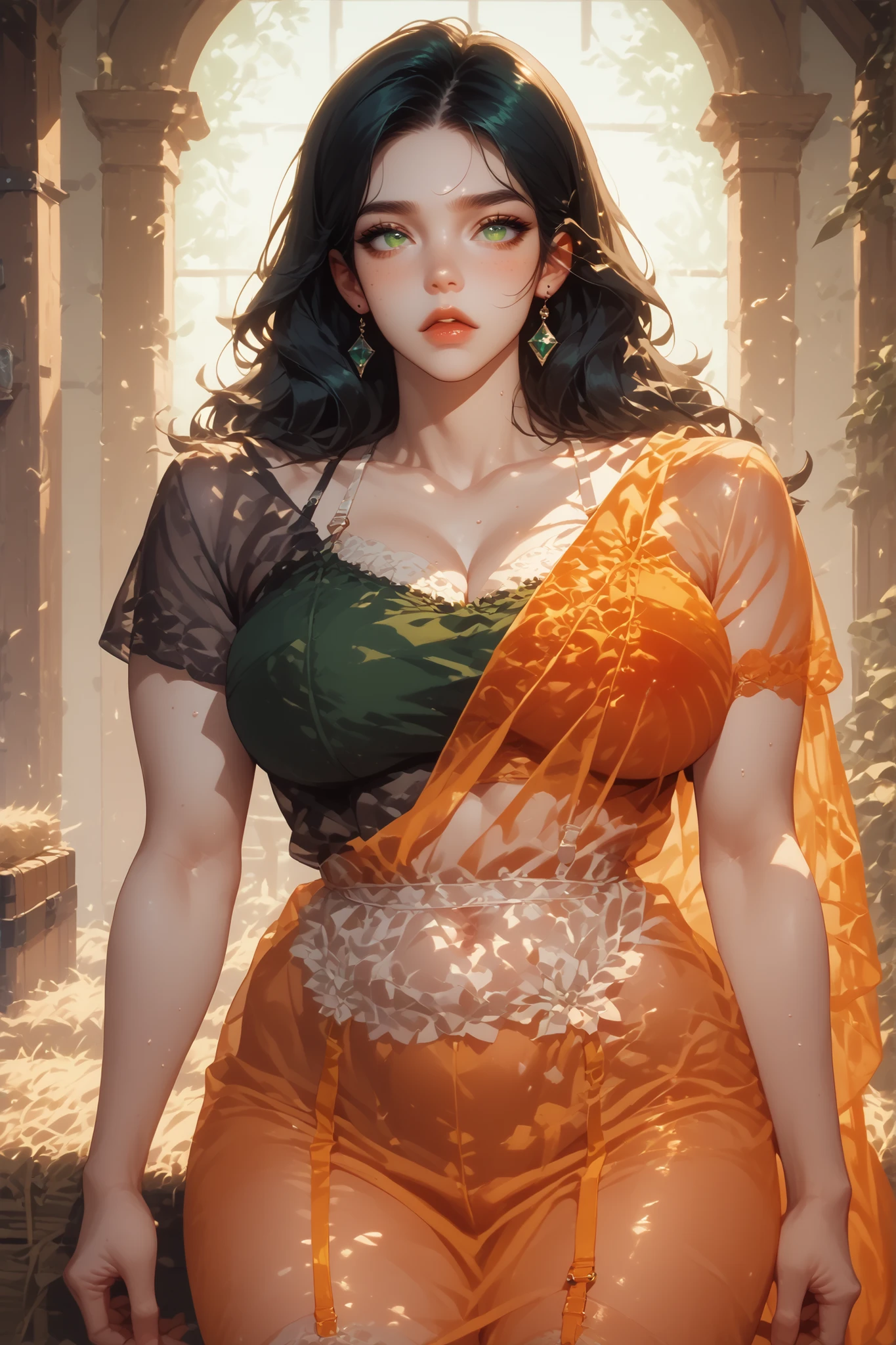 Futanari with less black hair green eyes big breasts healed abdomen thick thighs big transparent white dress inside the stables with her(( big dick in lump position)), bra strap, greater