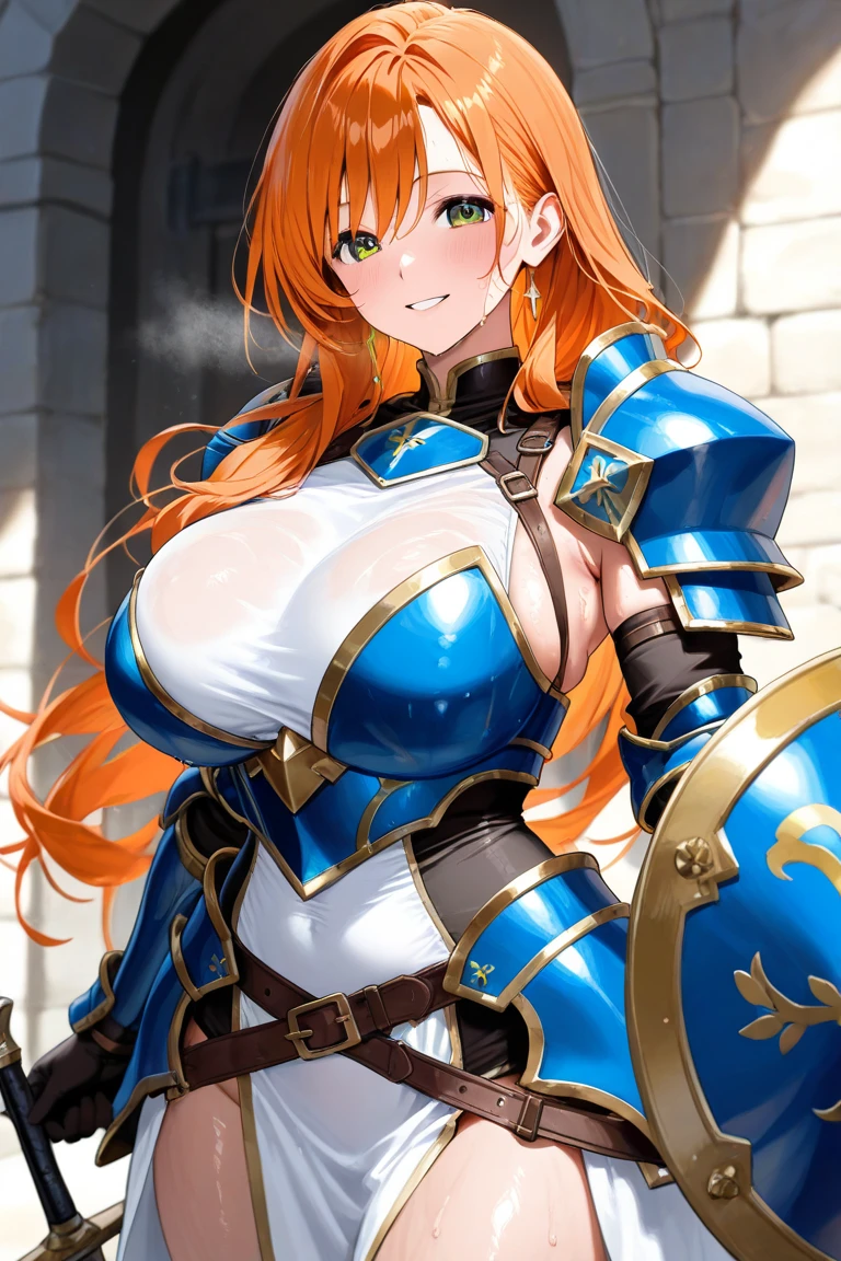 1girl, solo, thighhighs, gloves, boots, long-hair, (((Medieval-background))), armor, brown-gloves, ponytail, orange-hair, full-body, ribbon, simple-background, looking-at-viewer, hair-ribbon, black-thighhighs, brown-footwear, smile, brown-eyes, shirt, yellow-eyes, standing, shorts, knee-pads, blue-ribbon, belt, shoulder-armor, white-shirt, vest, approximate image, ((big boobs) 1.1)