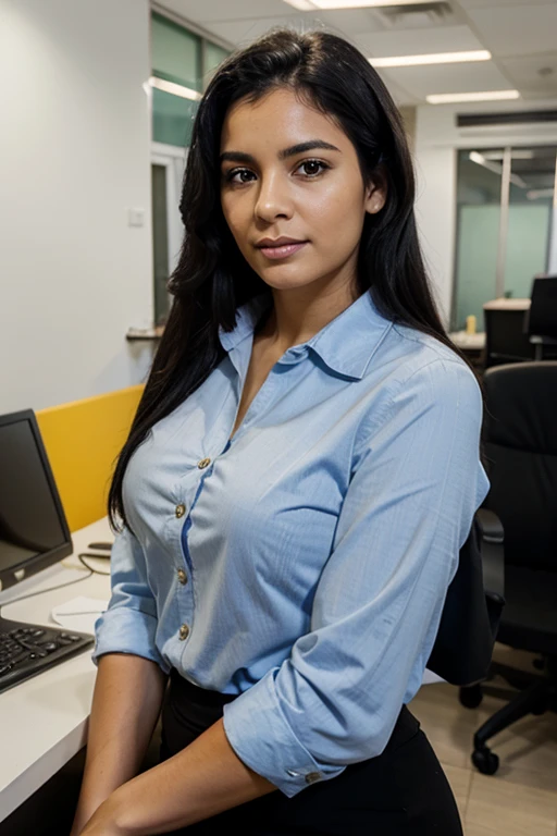 Photo of A young latin HR recruiter, in her office. 35mm camera soft blur background, Close Portrait view. Wearing elegant uniform
