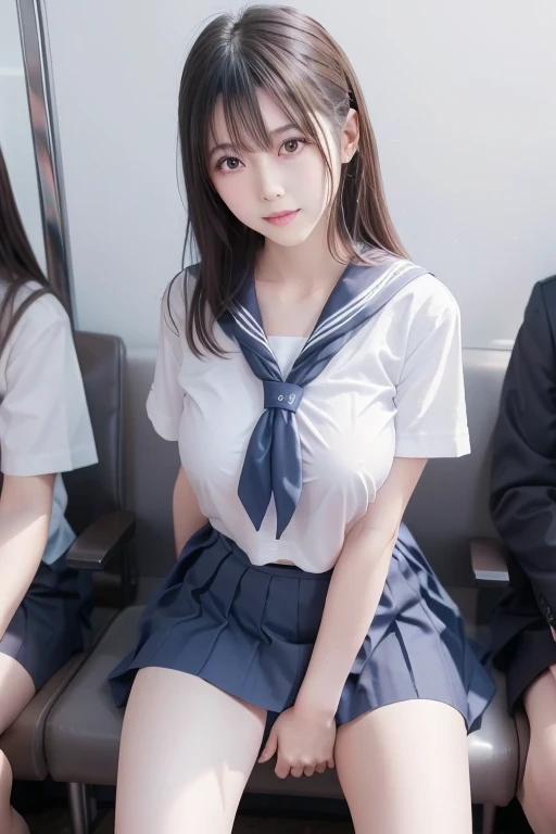 top-quality,ultra-detailliert,​masterpiece,realisitic,Photo Real,Bright lighting,1 girl in, an extremely beautiful 17-year-old girl, (kawaii:1.2),Thin smile, (Brown eyes),(brown haired),(bangss),perfect glossy skin,flawless skin,((erotick,Sexy and sexually explicit)),((accurate hands without incongruity)), large full breasts,big breasts thin waist, Look at viewers,((a sailor suit)),((Short sleeve uniform white shirt)),(red necktie),(Blue Mini Pleated Skirt),(((skirt lift by yourself))),(lifted by self),(Showing panties),panties on,panties focus,((Sit up,spread legswide)), sockes, (Black knee socks),(Loafer shoes), during daytime,On the train,Horizontal long seat with your back to the window、乃木坂アイドル、韓国アイドル、hposing Gravure Idol、女優、25-years old、tall、cafes、resturant、Italy、Americans、Australia